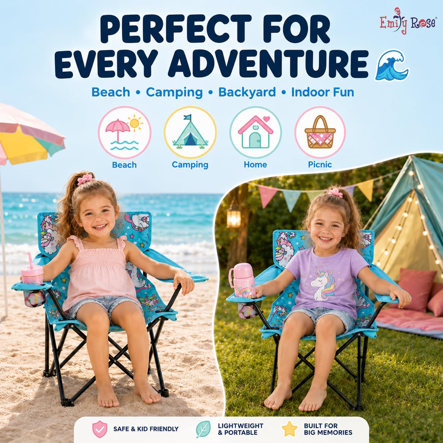 Emily Rose Sea Unicorns Kids Folding Camp Chair – Ages 2-7 with Safety Lock