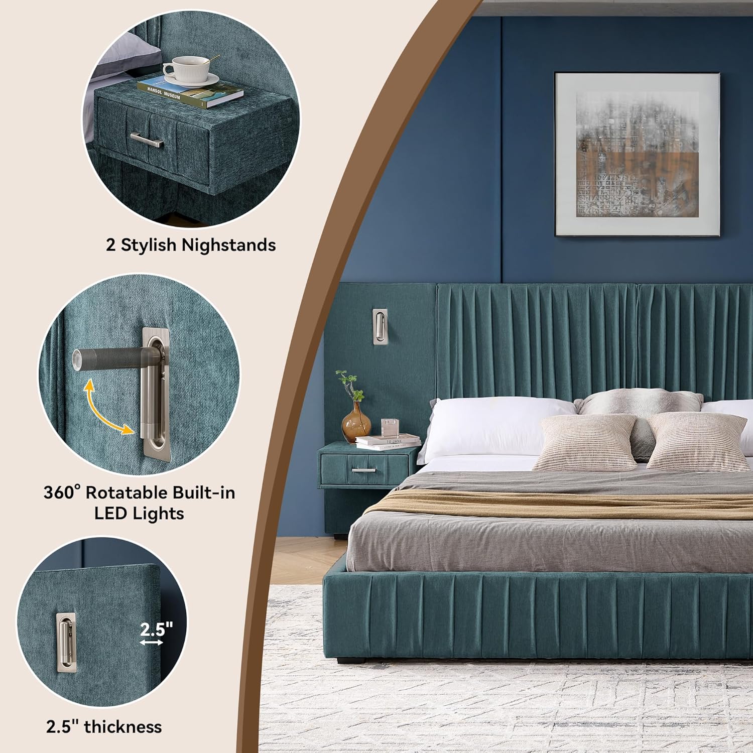 Luxury Queen Size Bed Frame with Oversized Upholstered Headboard, Modern Chenille Upholstered Platform Bed Frame with Gold LED Lights, Nightstands, No Box Spring Needed, Blue
