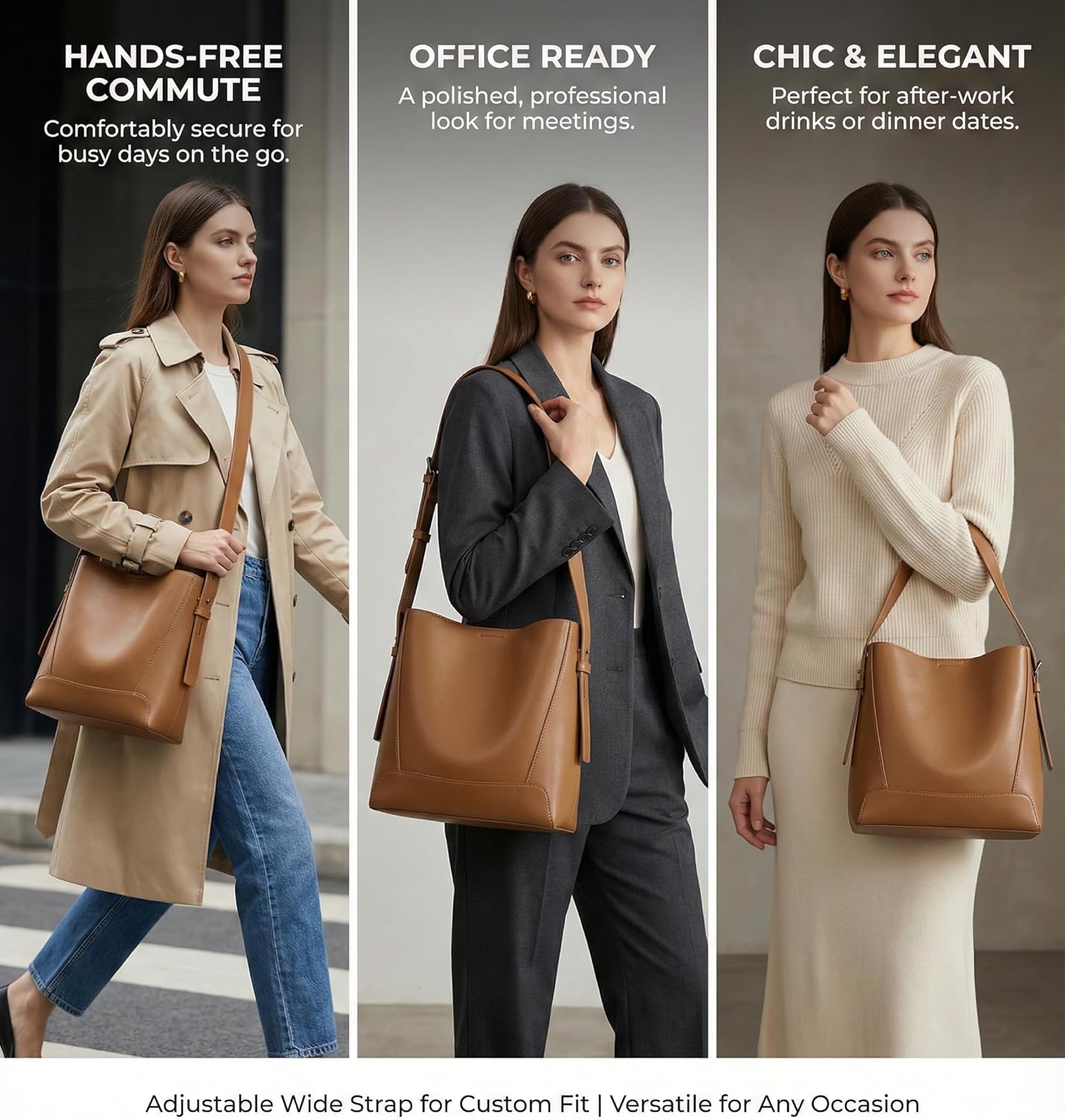 Genuine Leather Bucket Bag for Women, Large Crossbody Shoulder Purse with Wide Adjustable Strap, Minimalist Hobo Handbag - Image 6