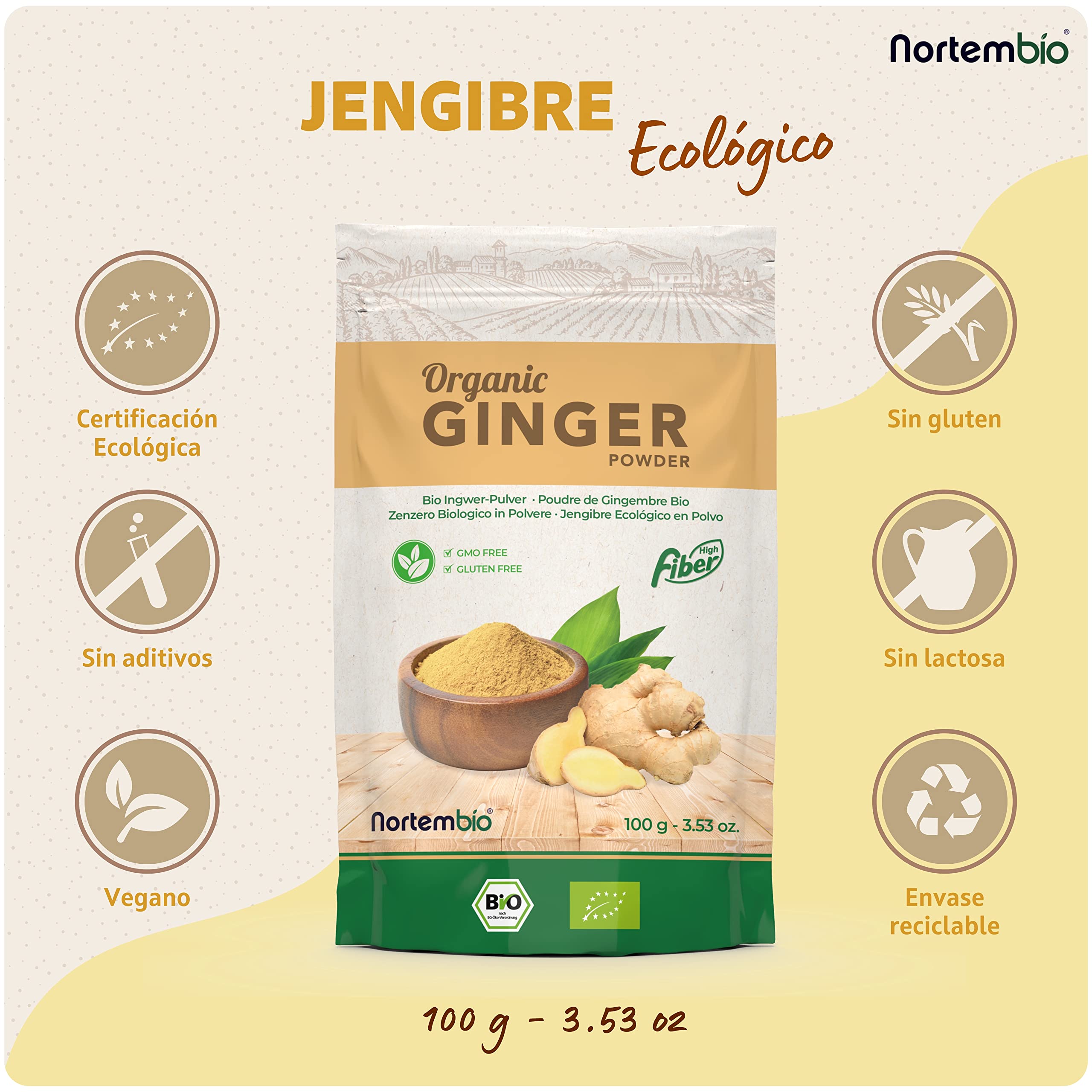 Nortembio Jengibre Ecológico en Polvo 100 g. Origen 100% Natural. Especial para Infusiones. Jengibre Seco Molido Sin Aditivos ni Conservantes, Vegano y Sin Gluten. E-Book con Recetas Incluido.