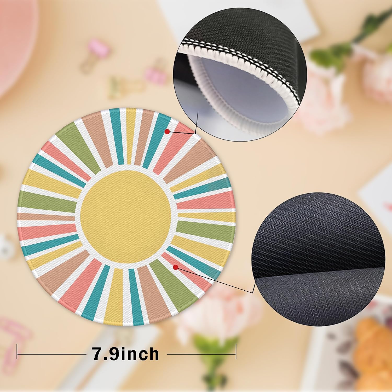 Retro Rainbow Colorful Sun Aesthetic Round Gaming Mouse Pad, Retro Rainbow Sunrise Sunset Round Mousepads for Desk Home Office Computers Laptop Accessories, Boho Office Supplies, 7.9x7.9 Inch - Image 6