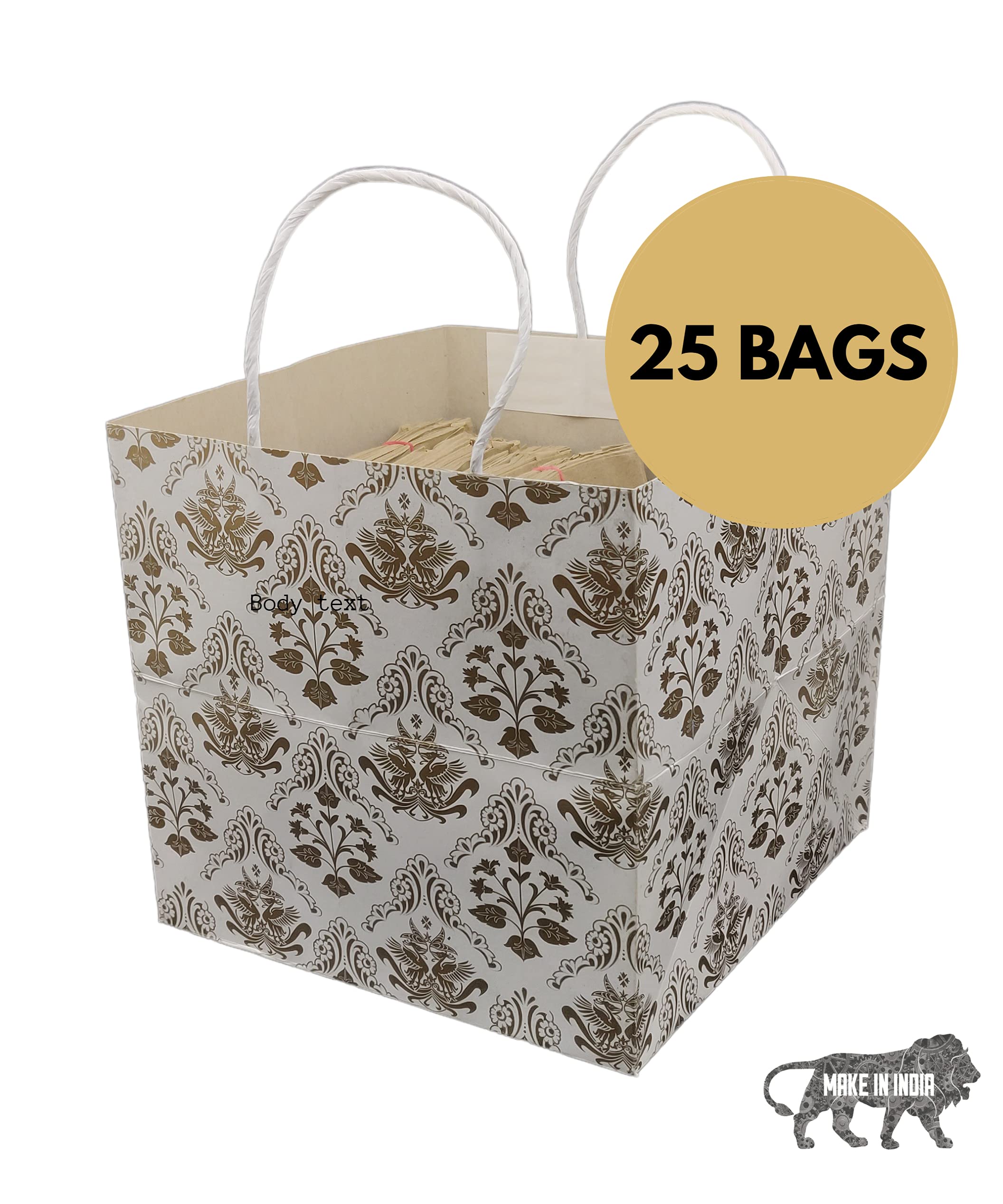 Arrow Paper Products Square Golden Bird Printd Paper Gift Bags for Baby Shower Return Gift, Small Presents, Weddings, Birthday, Holiday Presents (Pack of 25, 22.60 x 22.86x 22.86 Cm) 1