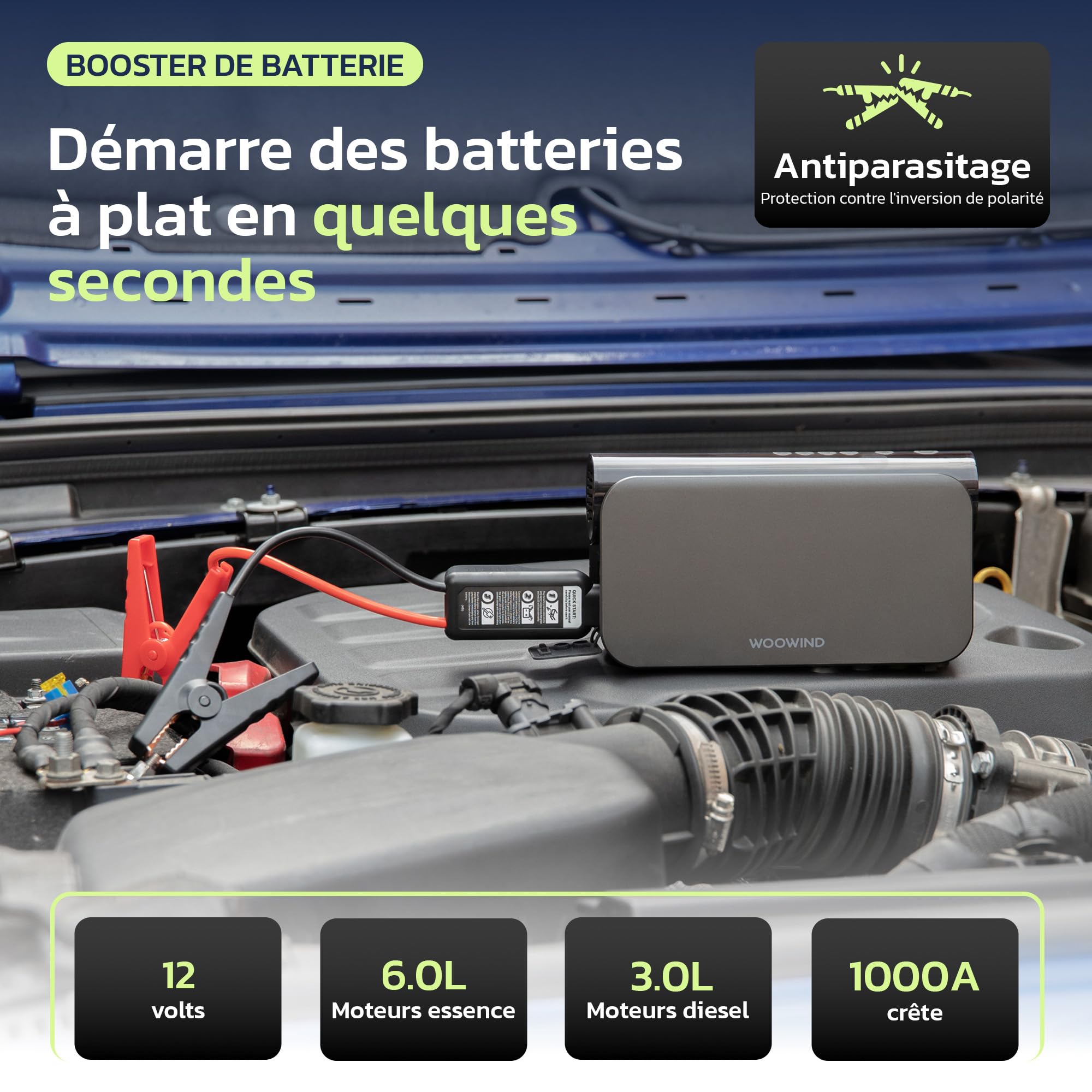 Woowind Booster Batterie, Gonfleur, 65W Power Bank, 16000mAh, 10,3 BAR | Démarreur Voiture, Power Bank 65W, Booster Batterie 12V, 16000 mAh, Lampe LED