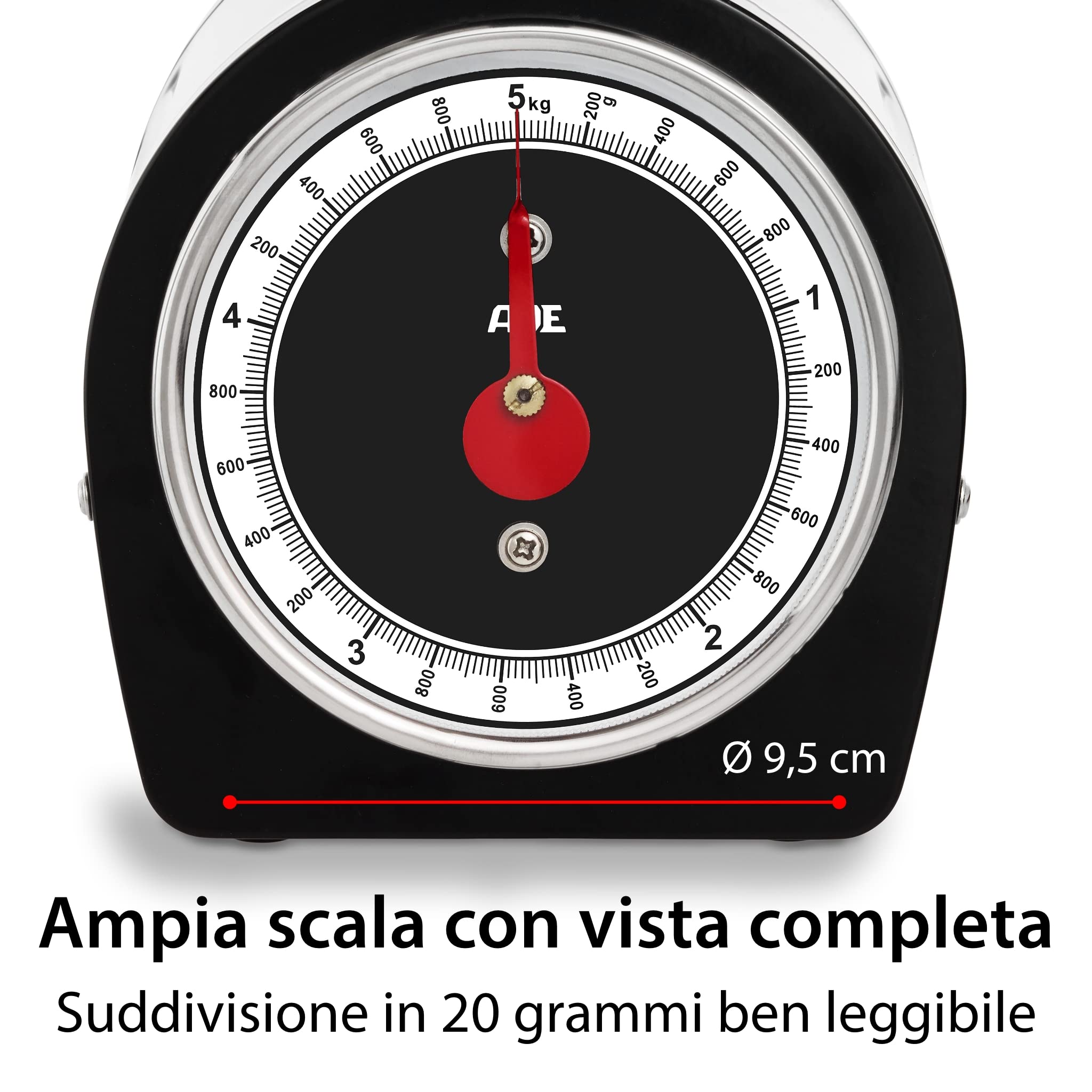ADE Bilancia da cucina meccanica, bilancia classica per la cucina e la casa, bilancia tradizionale senza batterie in look vintage/retrò, alloggiamento in metallo, 5 kg, nero | KM1900-1 Shirley