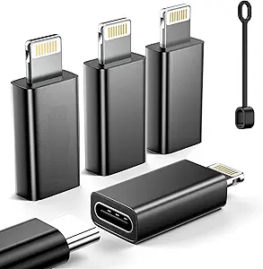 MFi Certified USB C to Lightning Adapter 4-Pack, 27W Fast Charging & Data Sync, Lightning to USB Type C Cable Adapter Compatible with iPhone 14/13/12/Pro/Max, iPad, AirPods, with Anti-Loss Lanyard