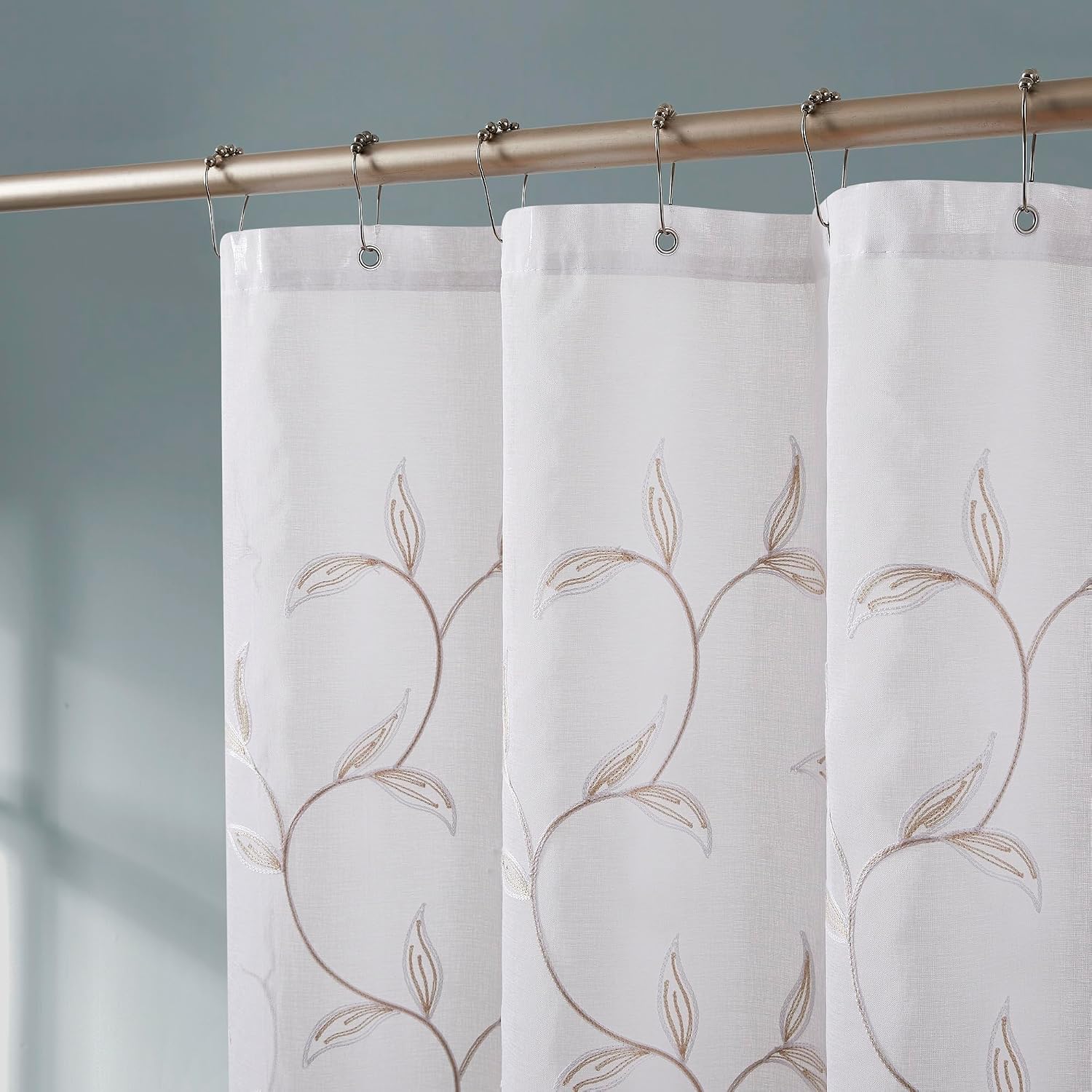 Warm Home Designs Golden Leaf Embroidered Shower Curtain. MAS Linen 72 | 72 x 72 Inch White Embroidered Shower Curtain with Gold Leaves Embroidery For Farmhouse, Boho, Floral & Modern Bathrooms.