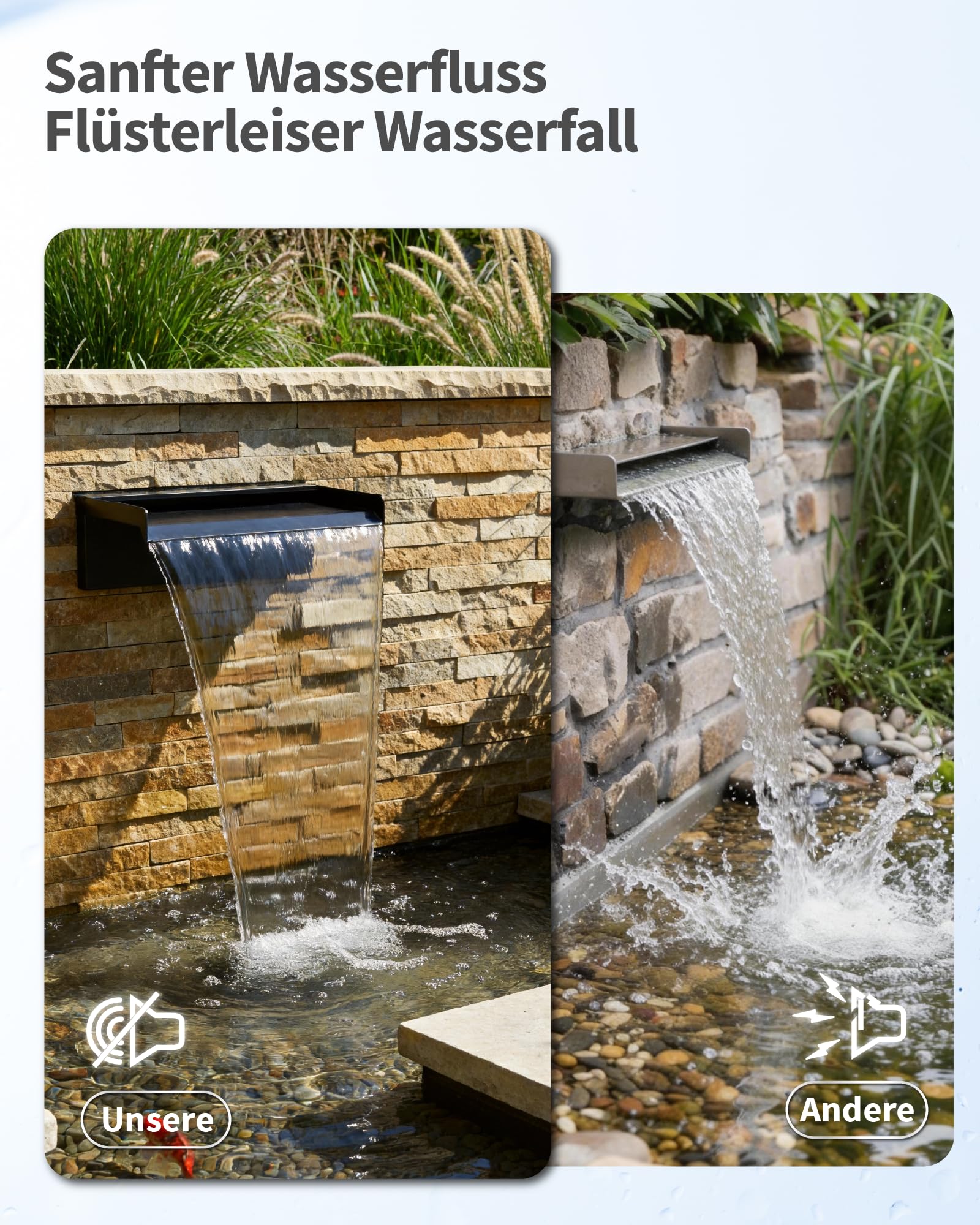 POPOSOAP Cascada de estanque de 20 cm de ancho, caja de cascada de acero inoxidable con bomba de estanque de 2500 L/H, cadena de luces LED de cambio de color controlada por control remoto, juego de