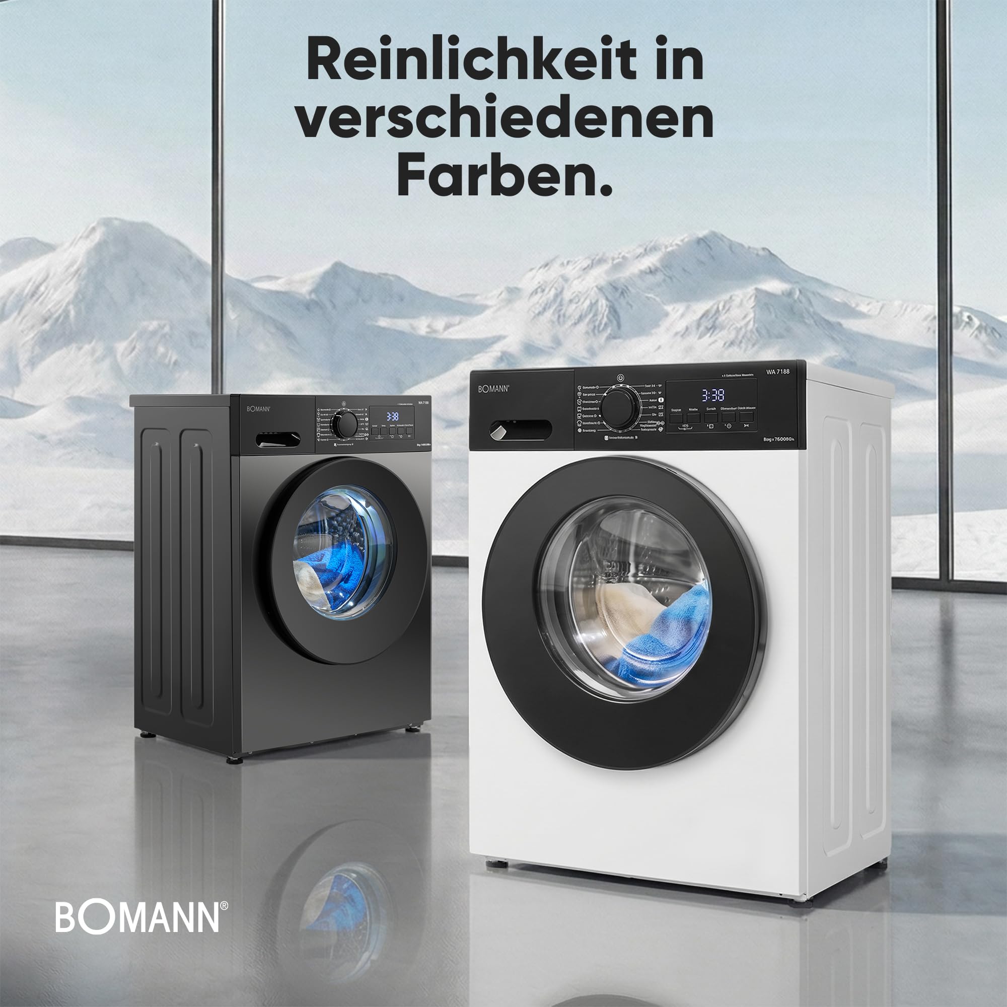Bomann® Waschmaschine 8kg | 5 Jahre Motor-Garantie | Invertermotor-effizient, leise & langlebig | max. 1400 U/min | 15 Programme | Dampffunktion | LED-Display | Washing Machine | WA 7188 weiß-schwarz