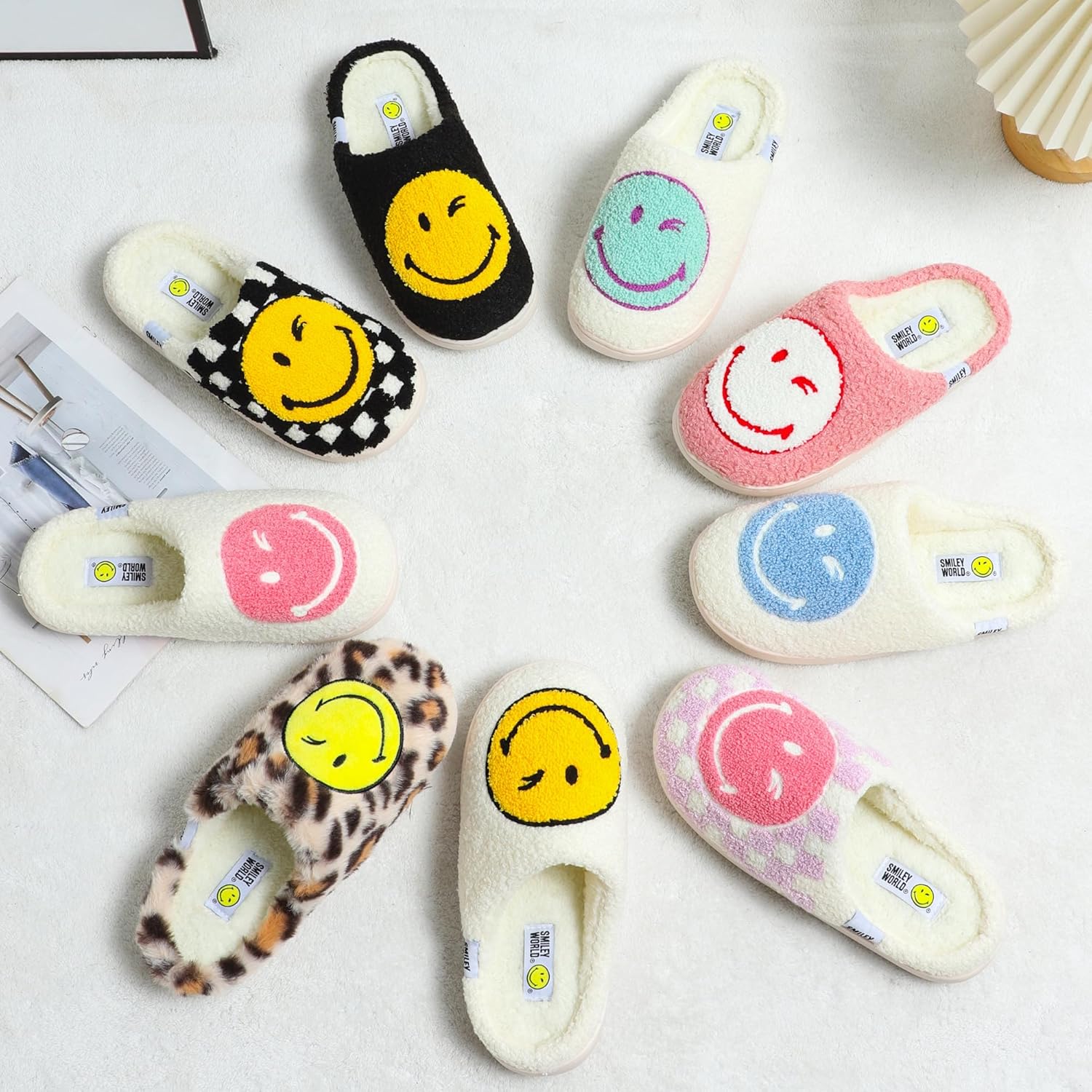 Smile Face Slippers for Womens Mens Soft Plush House Slippers Retro Happy Slip-On Slides Winter Warm Comfy Memory Foam Fluffy Indoor Outdoor Shoes - Image 7