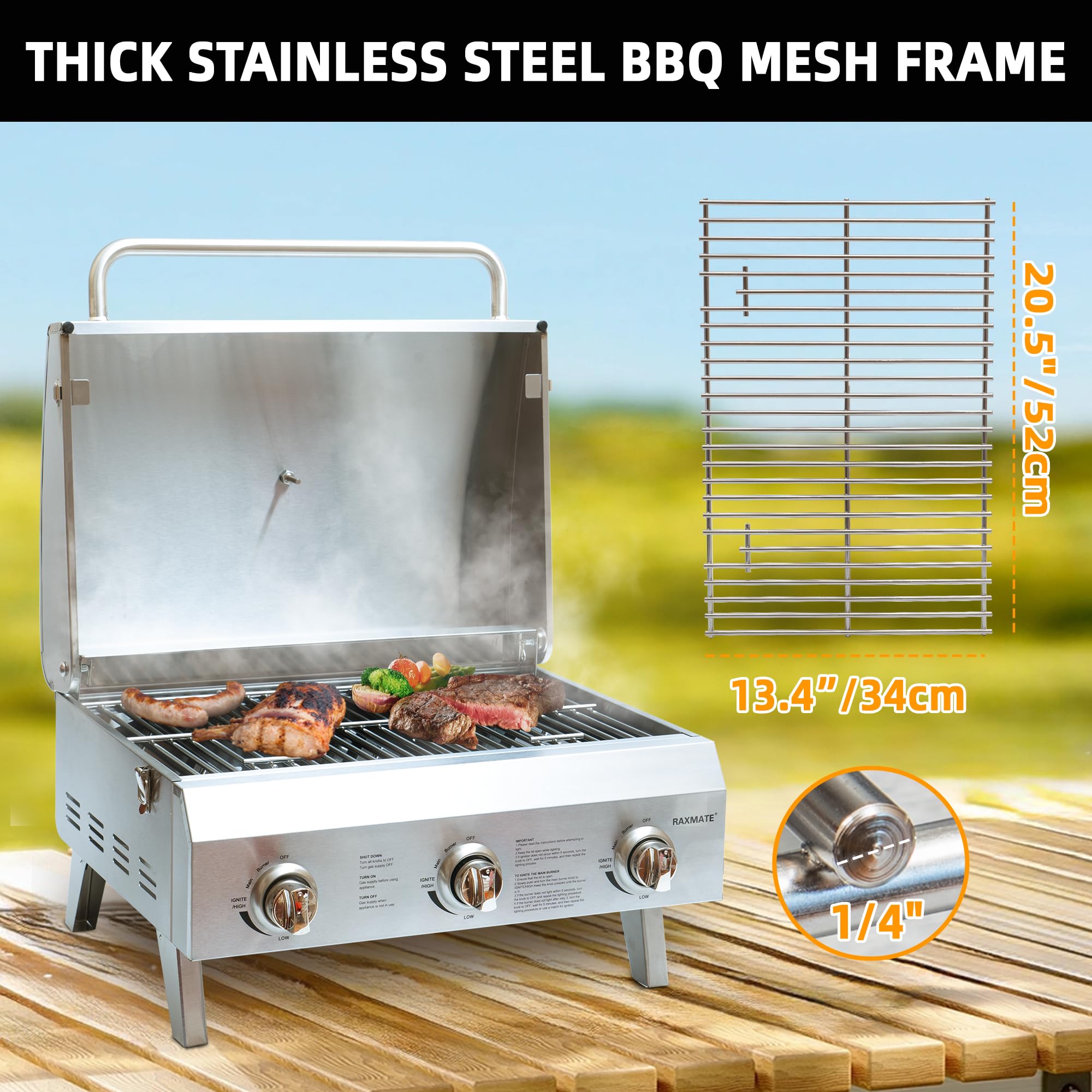 Parrilla portátil de gas propano, parrilla de mesa de acero inoxidable de 22 pulgadas con 3 quemadores, patas plegables, 30000BTU, perfecta para campamento, portón trasero, viajes en caravana y 4