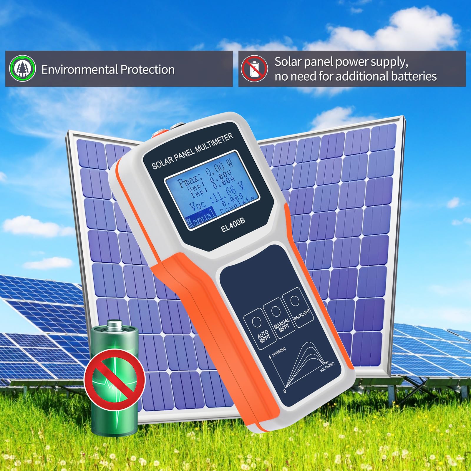 Geloo 400W Probador de Panel Solar Multímetro Fotovoltaico Panel MPPT de Mano Alimentador Automático Inteligente para la Búsqueda de Errores en Caso de Tensión sin Carga Fotovoltaicos y Solucionar