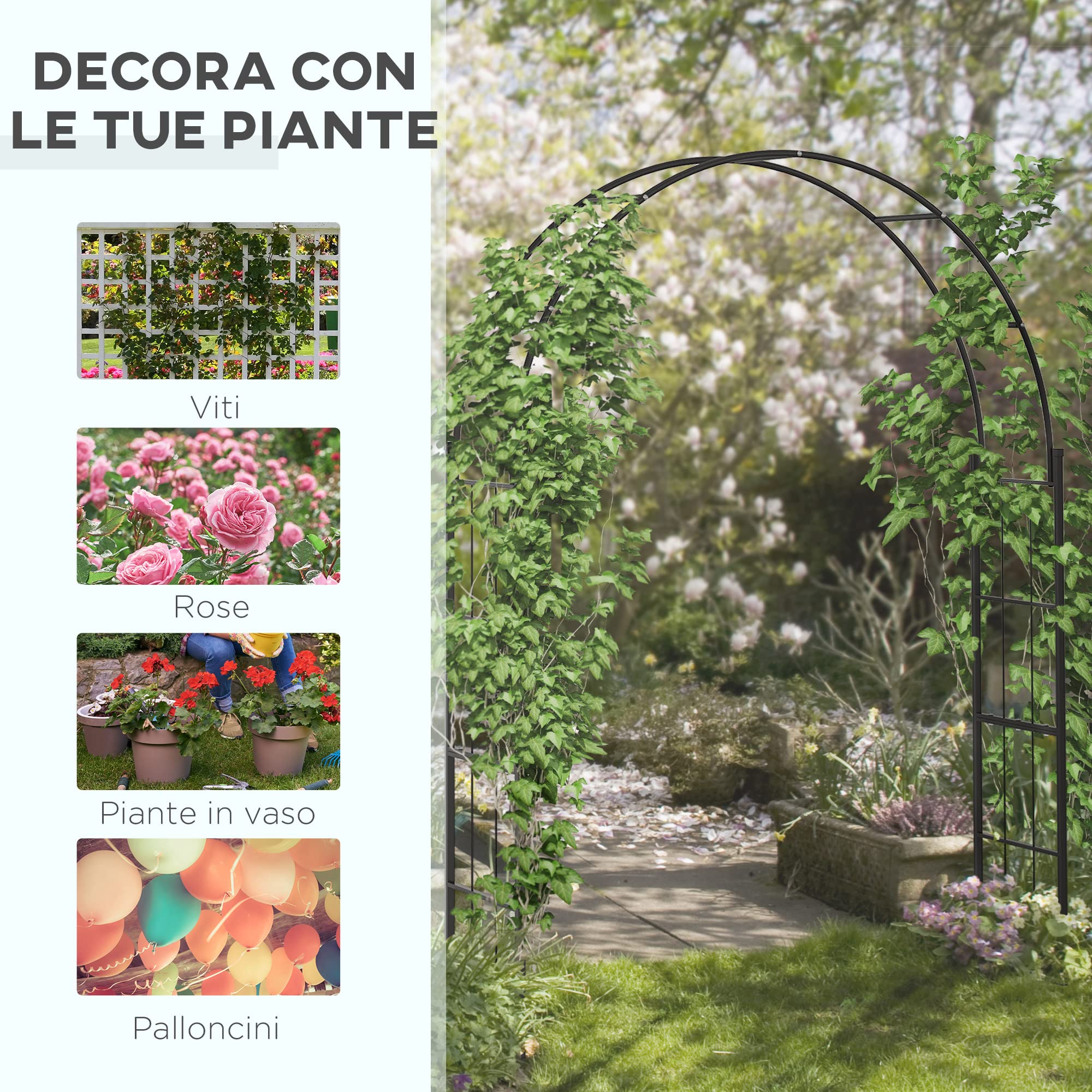 Outsunny Arco per Piante Rampicanti, Archetto da Giardino per Decorazioni ed Eventi in Metallo, 157x40x223cm, Nero