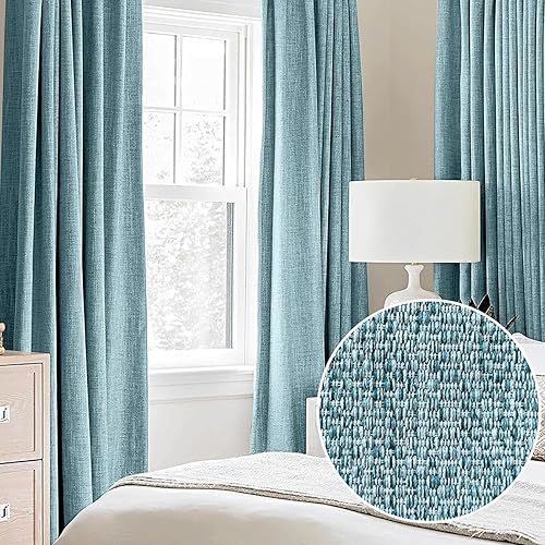 Miniatura 2 de Cortinas opacas de lino para sala de estar, azul aguamarina de 40 pulgadas de ancho, 95 pulgadas de largo, juego de 2 paneles, textura de arpillera