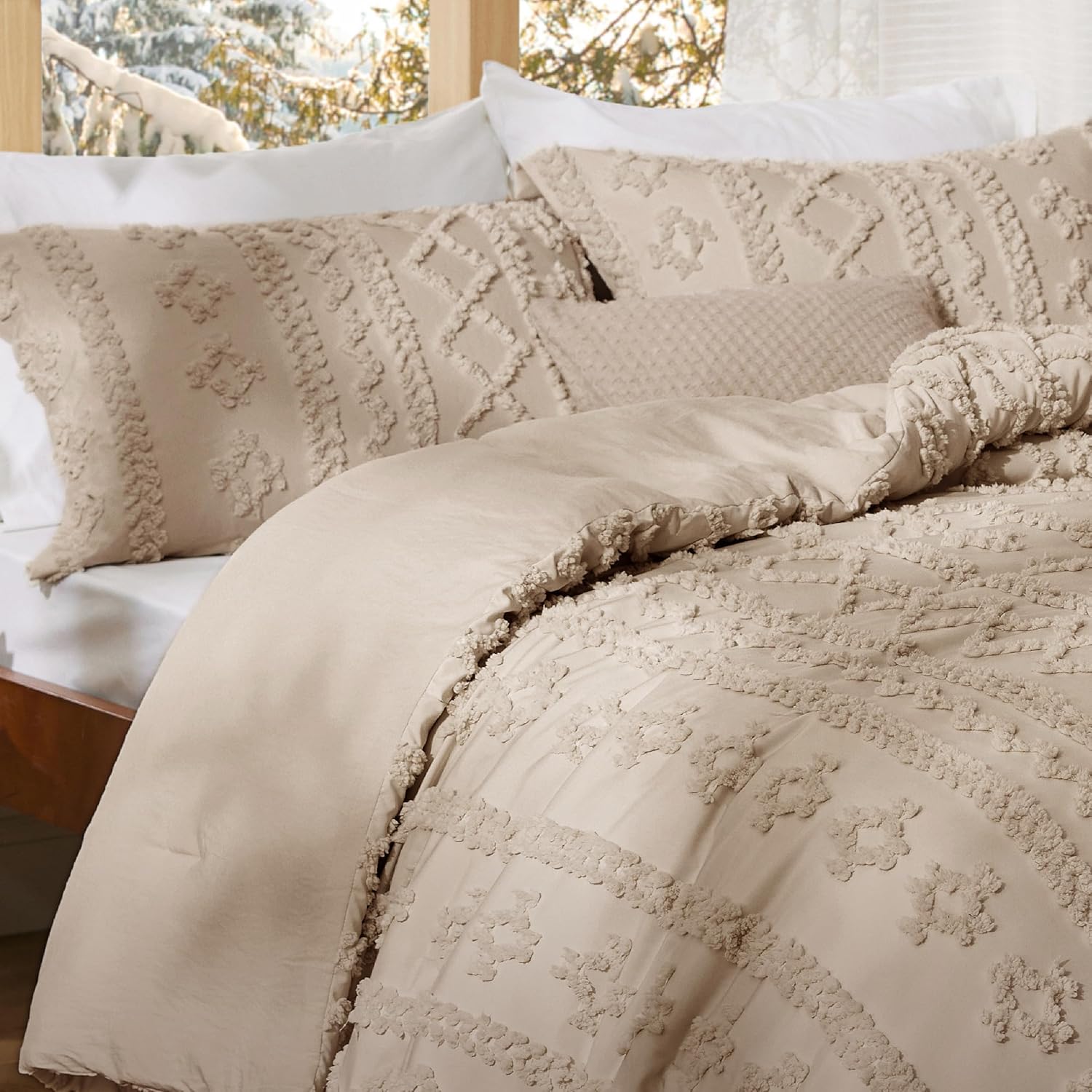 Bedsure Tufted Boho Comforter Set California King Size - Khaki Boho Bed Set, GentleSoft™ 3 Pieces Farmhouse Shabby Chic Embroidery Bedding, Gifts for Woman, Soft Jacquard Comforter for All Seasons - Image 7