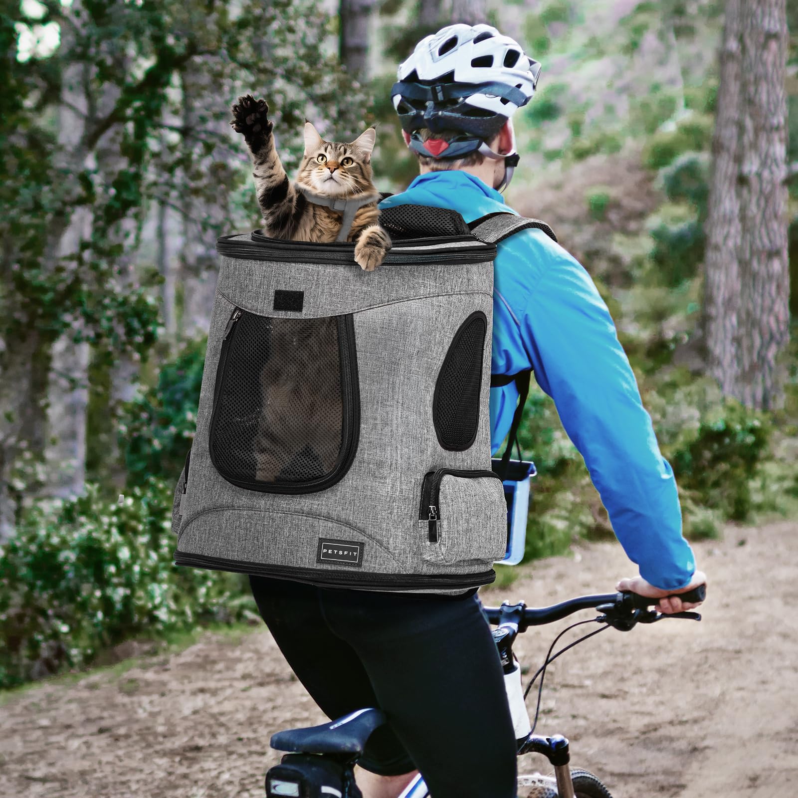 Petsfit Hunderucksack & Katzenrucksack für große Katzen bis 5kg - Leichter Katzen Rucksack mit Netzfenster, Brustgurt & Polster - Atmungsaktiver Rucksack für kleine Hunde, Grau