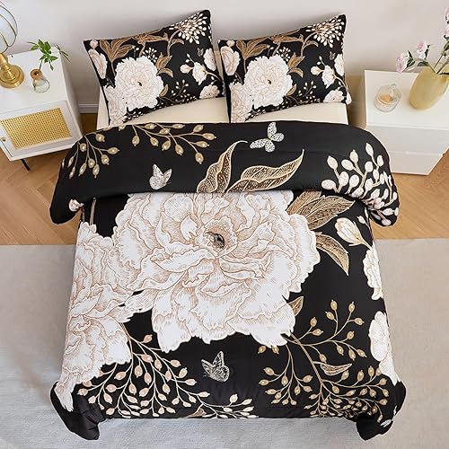 PERFEMET Juego de edredón floral tamaño Queen, juego de ropa de cama botánico de 3 piezas, flores blancas y hojas doradas impresas en negro, juegos