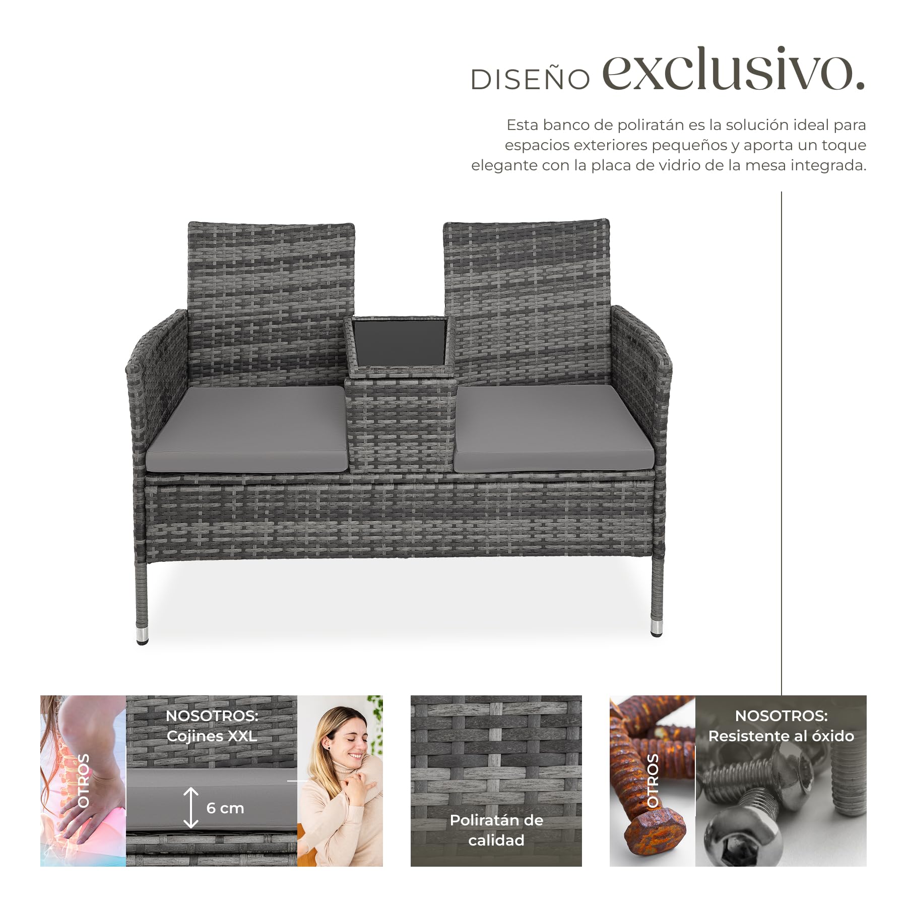 tectake® Banco Exterior con Mesa Integrada, 133 x 63 x 84 cm, Resistente a la Intemperie, Cojín de Asiento de 6 cm, Conjunto de Banco de Jardín para 2 Personas - Gris/Gris Claro