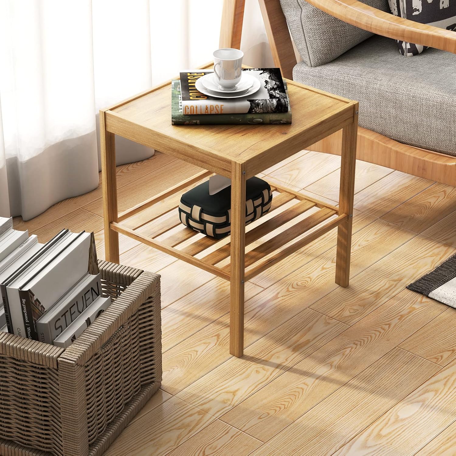 Tangkula Bamboo Nightstand Set of 2, 2-Tier Side Table w/Bottom Shelf, Square End Table Beside Sofa & Bed, Compact Nightstand for Small Space, Bedside Table for Living Room, Bedroom
