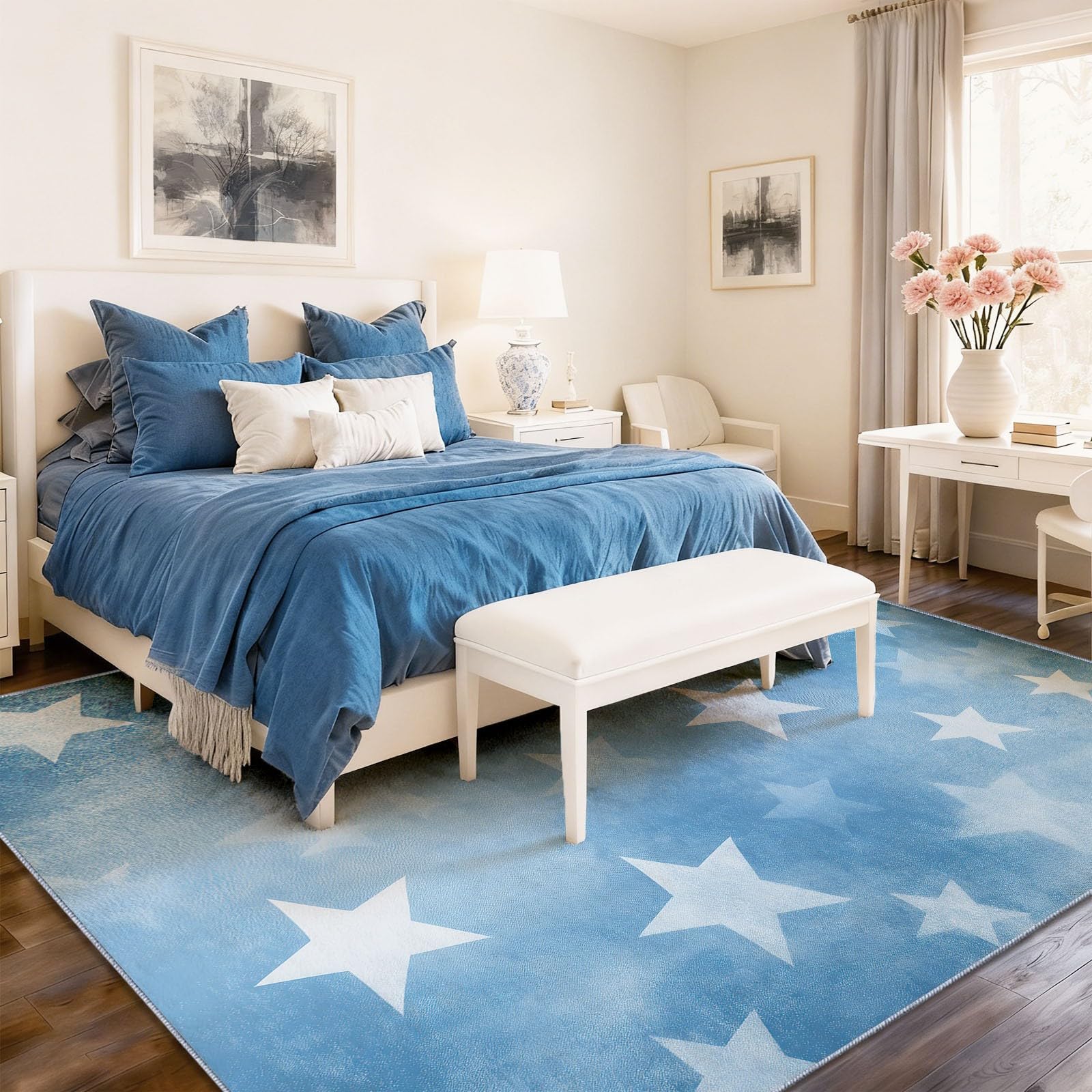 100x150cm rutschfest Teppich, Sterne Textur Drucken Kurzflor waschbar Teppich, Abstrakt Traumhaft Blau Teppiche Gegend für Schlafzimmer Wohnzimmer