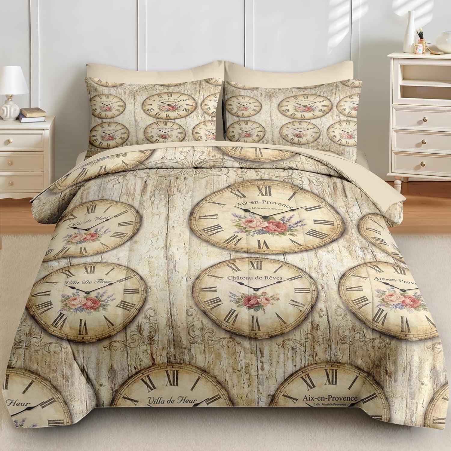 Comforter Set Twin Size, French Vintage Floral 5 Pcs Bedding for Kids and Adults, Clock Rustic Bed Sheet Sets with Fitted Sheet Pillowcases & Shams for Bedroom Bed Decor