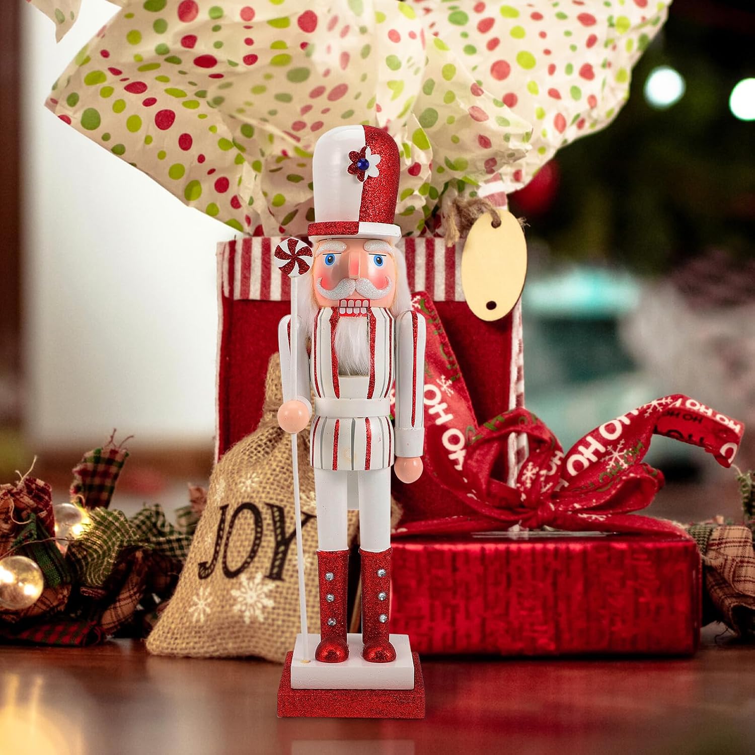 Hemoton Christmas Wooden Nutcracker Puppet 38cm Hand-Painted Candy Design Decorative Figurine for Xmas Tabletop and Holiday Party Supplies