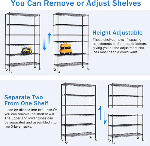 Miniatura 5 de XXkseh Estantería de alambre con ruedas, estantería de metal ajustable de 6 niveles, estantes de almacenamiento resistentes, capacidad de 2100
