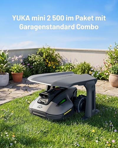 MAMMOTION YUKA Mini 2 500 Robot Tondeuse avec Garage Standard, jusqu'à 500m², Zéro Perte de Signal, sans RTK, AI Traitement d’Image à Trois Caméras, DropMow (expédié séparément) - 2