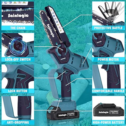 Miniatura 4 de Sainlogic Mini motosierra inalámbrica, mini motosierra de 6 pulgadas inalámbrica, motosierra de mano alimentada por batería, motosierra eléctrica