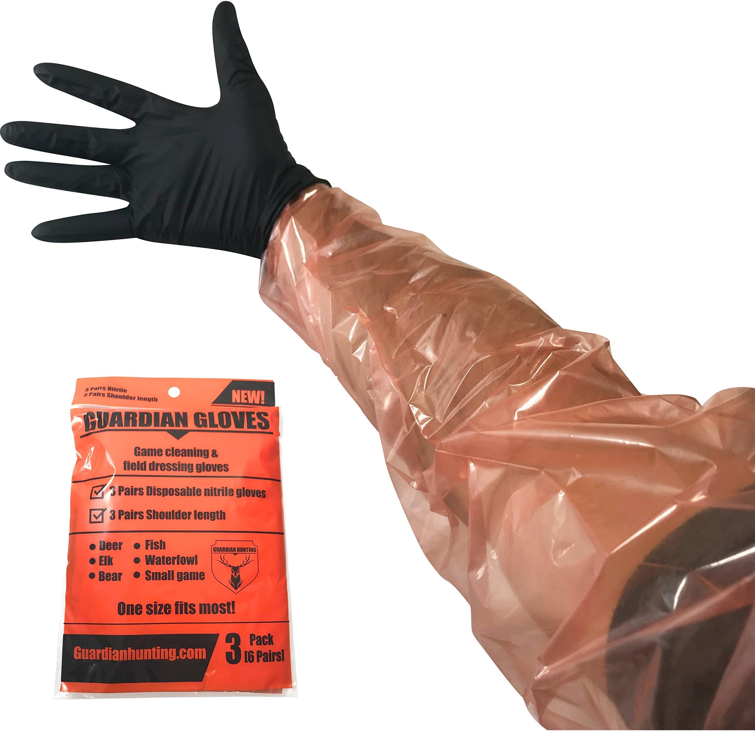 Deer Gutting Gloves by Guardian Hunting - Field dressing gloves with long and short gut glove combo pack (Clear / Black, 6 pair combo) (Black / Orange, 6 pair combo)