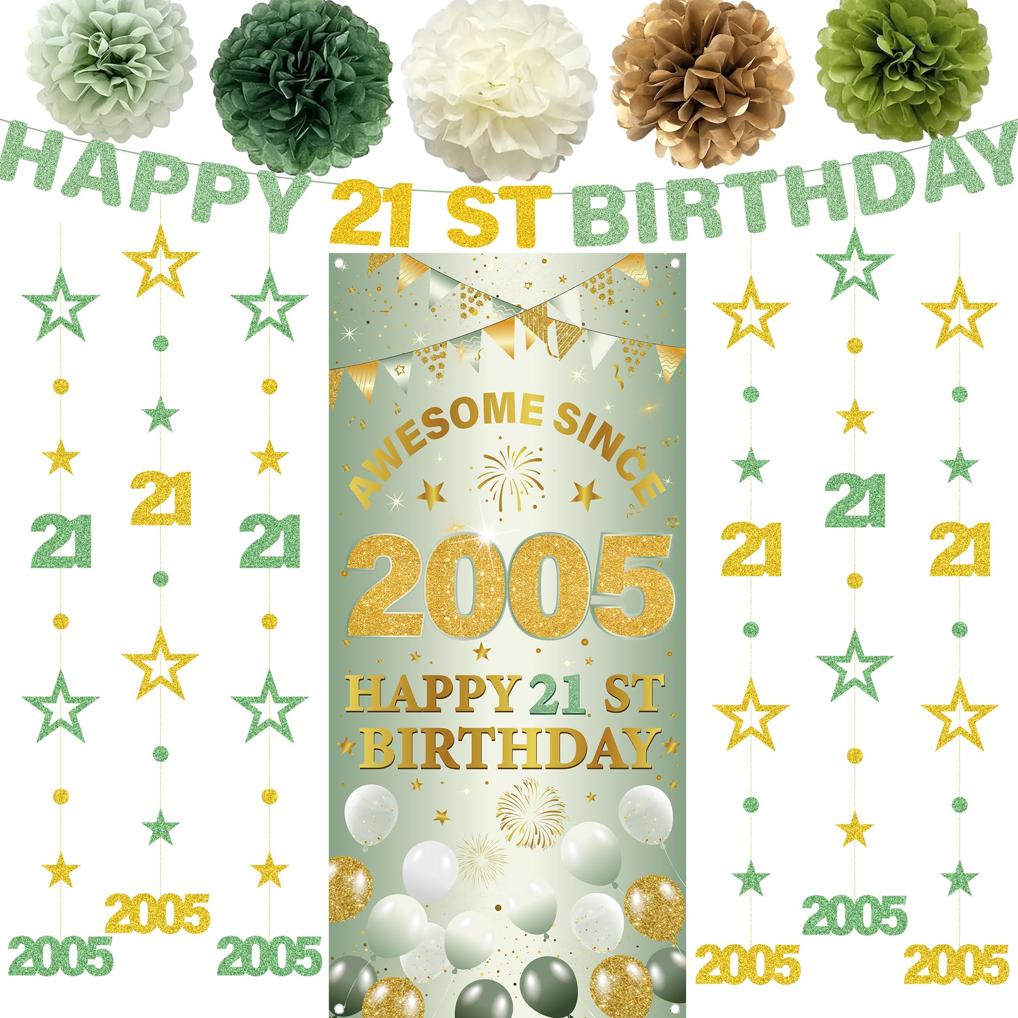 21st Birthday Decorations Banner Balloons - 13 Pcs Green Gold Awesome Since 2005 Banners Number 21 Circle Dot Twinkle Star Garland Pompoms for Boy Men Twenty one Happy Bday Party Supplies Decor