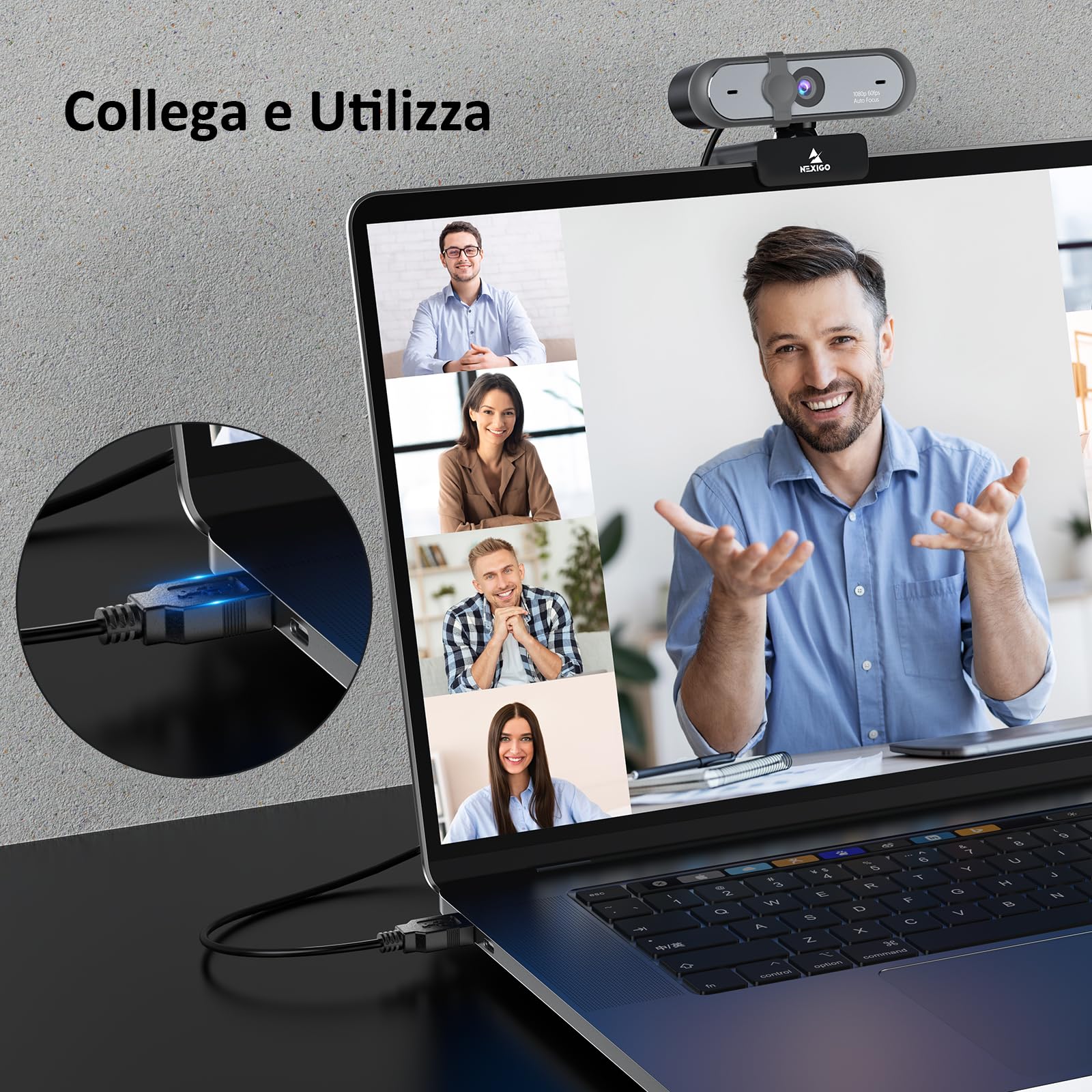 NexiGo N660P 60FPS AutoFocus 1080P Webcam con doppio microfono e copertura privacy, Pro HD USB Computer per OBS Gaming Zoom Meeting Skype FaceTime Teams