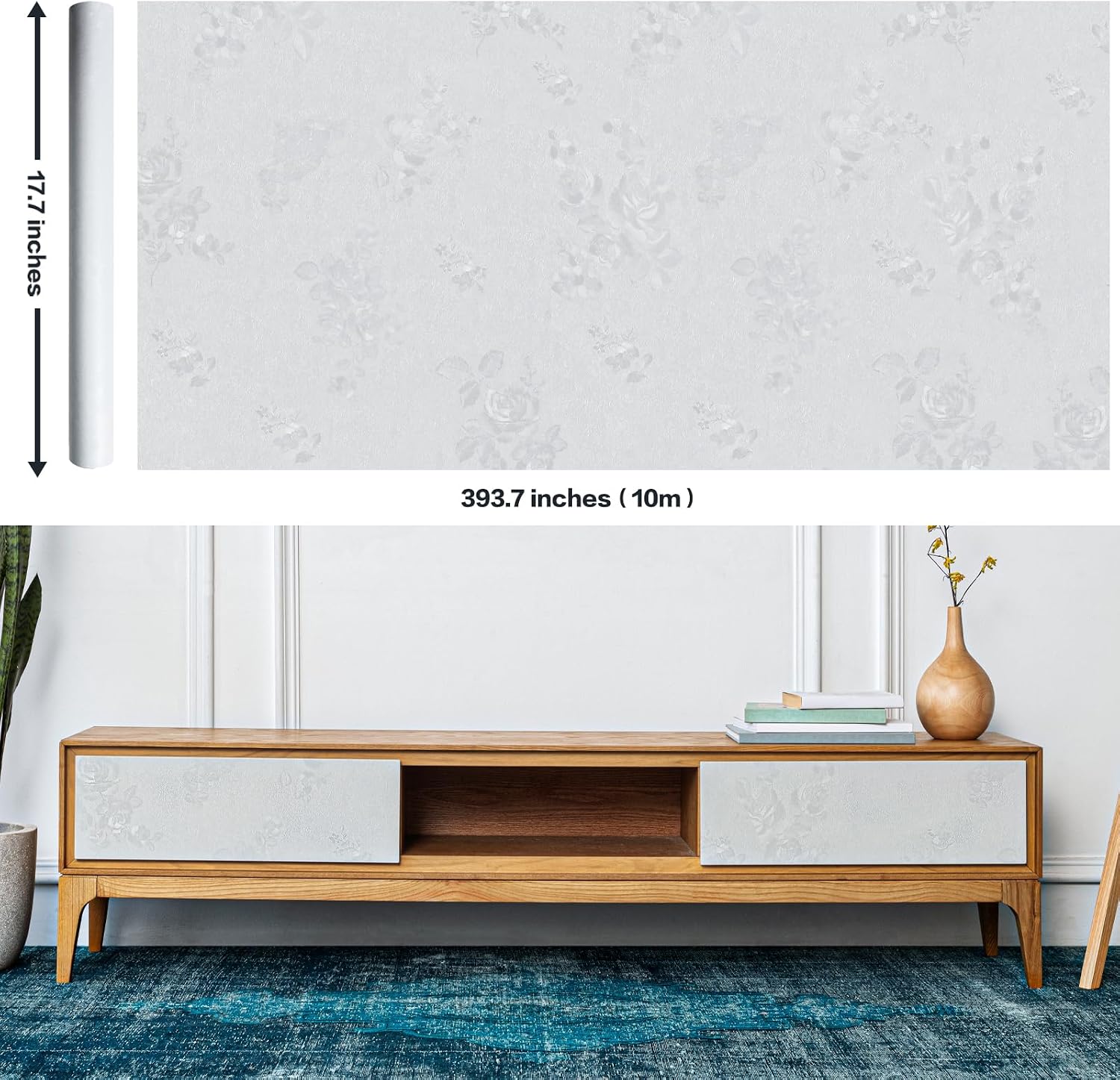 Floral Wallpaper, 17.7 x 393.7 in Peel and Stick Waterproof Self Adhesive Wall Paper, Removable Vintage Black Floral Embossed Contact Paper for Cabinets Drawers Kitchen Countertop Wall