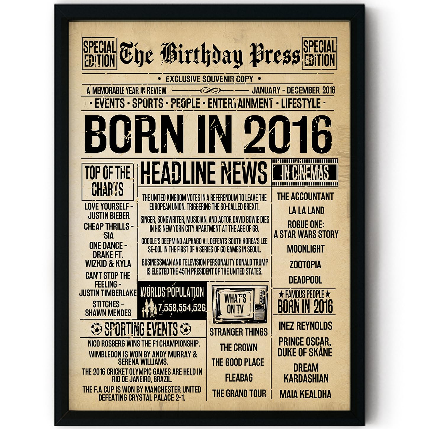 Stuff4 Men's 2016 9Th Birthday Poster Framed, Born In Aged Newspaper