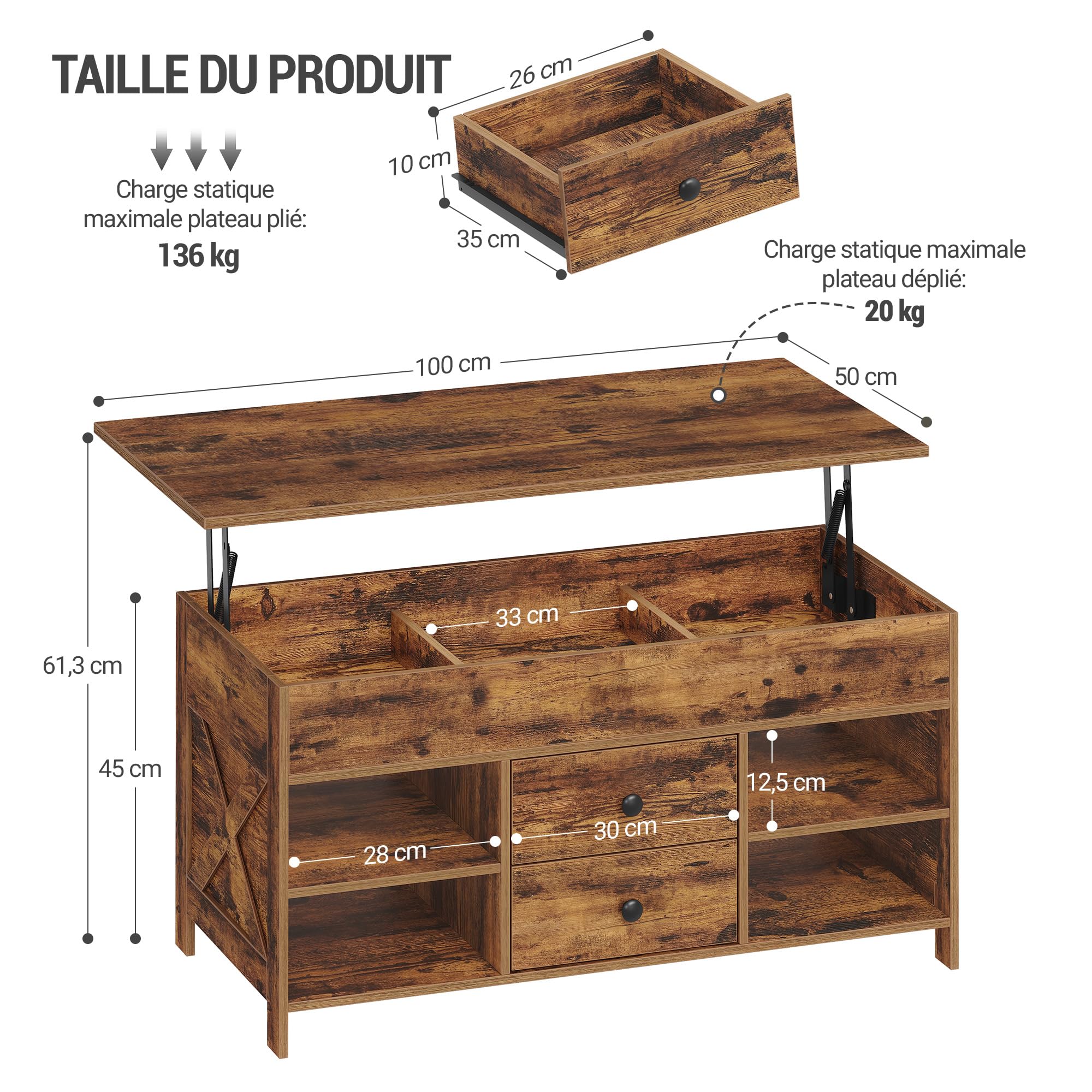 Hzuaneri Table Basse, Table de Salon avec Plateau Relevable, 2 Tiroirs et Espace de Rangement Caché, 50 x 100 x 47,3-61,3 cm, pour Salon, Salle à Manger, Bureau, Marron Rustique et Noir CT22101B | 50 x 100 x 45-61,3 cm Table basse avec 2 tiroirs de rangem