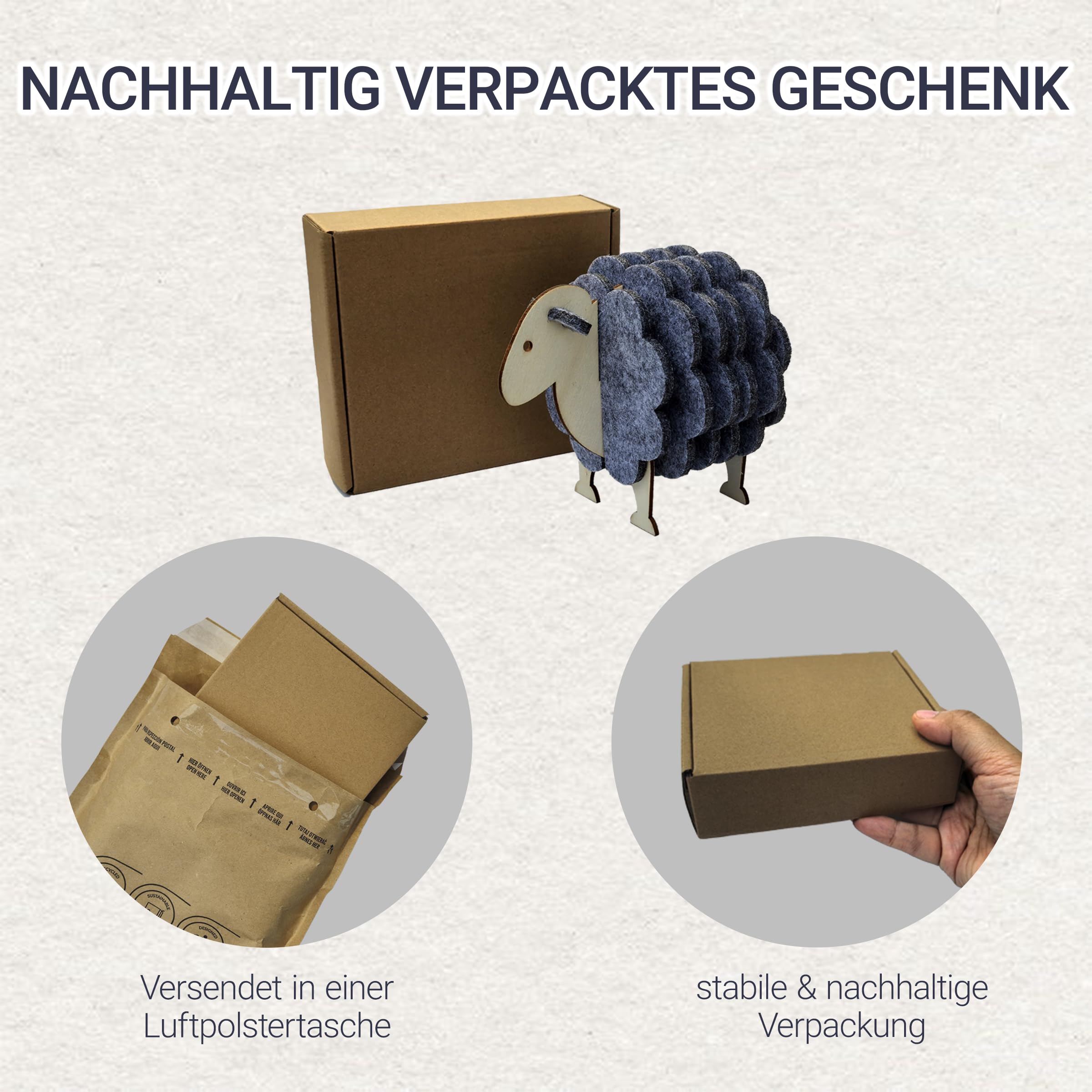 WangsLICHT Filz Untersetzer Set 6-teilig – Untersetzer in Schaf-Form mit Holzständer & Geschenkbox – Nachhaltige Tischdeko - Ostergeschenk - Gastgeschenk (Grau)