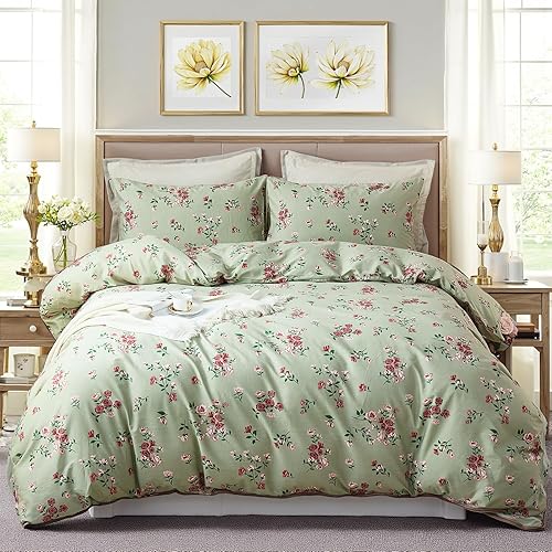 Miniatura 37 de Juego de funda de edredón tamaño Queen de 100% algodón, diseño floral vintage, juego de ropa de cama con cierre de cremallera y lazos de esquina, 3