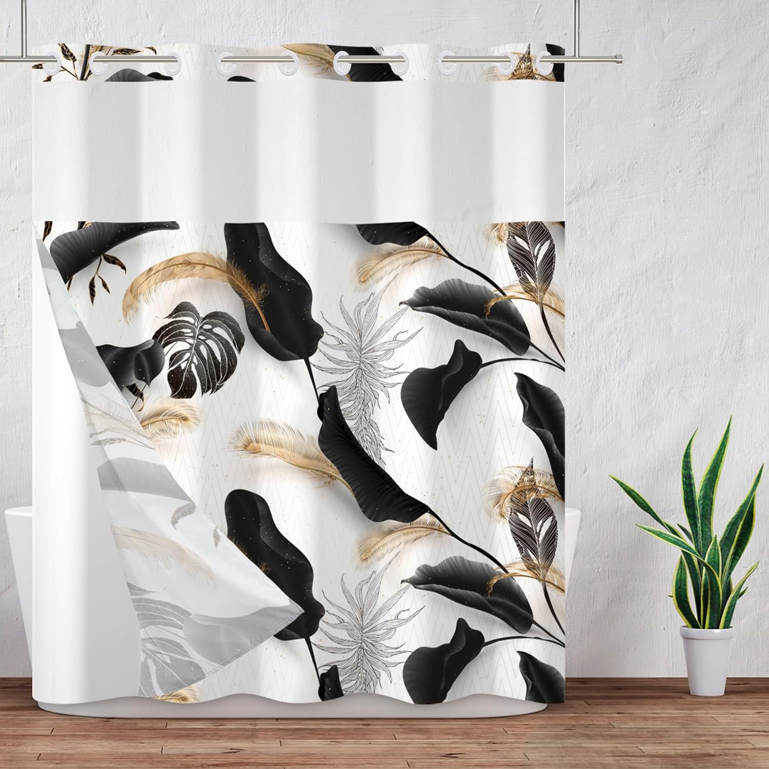 Baocicco No Hook Shower Curtain with Snap in Liner Black Leaves Tropical Leaves Boho Floral No Hook Fabric Shower Curtains Set Bohemian Style Shower Curtain for Hotel Spa Bathroom Bathtub 71x83 Inch