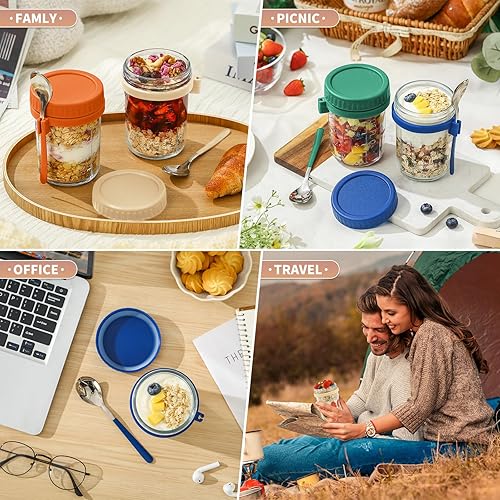 Miniatura 7 de Paquete de 4 recipientes de vidrio para avena durante la noche con tapas y cucharas, tarros de 16 onzas para avena durante la noche, a prueba de