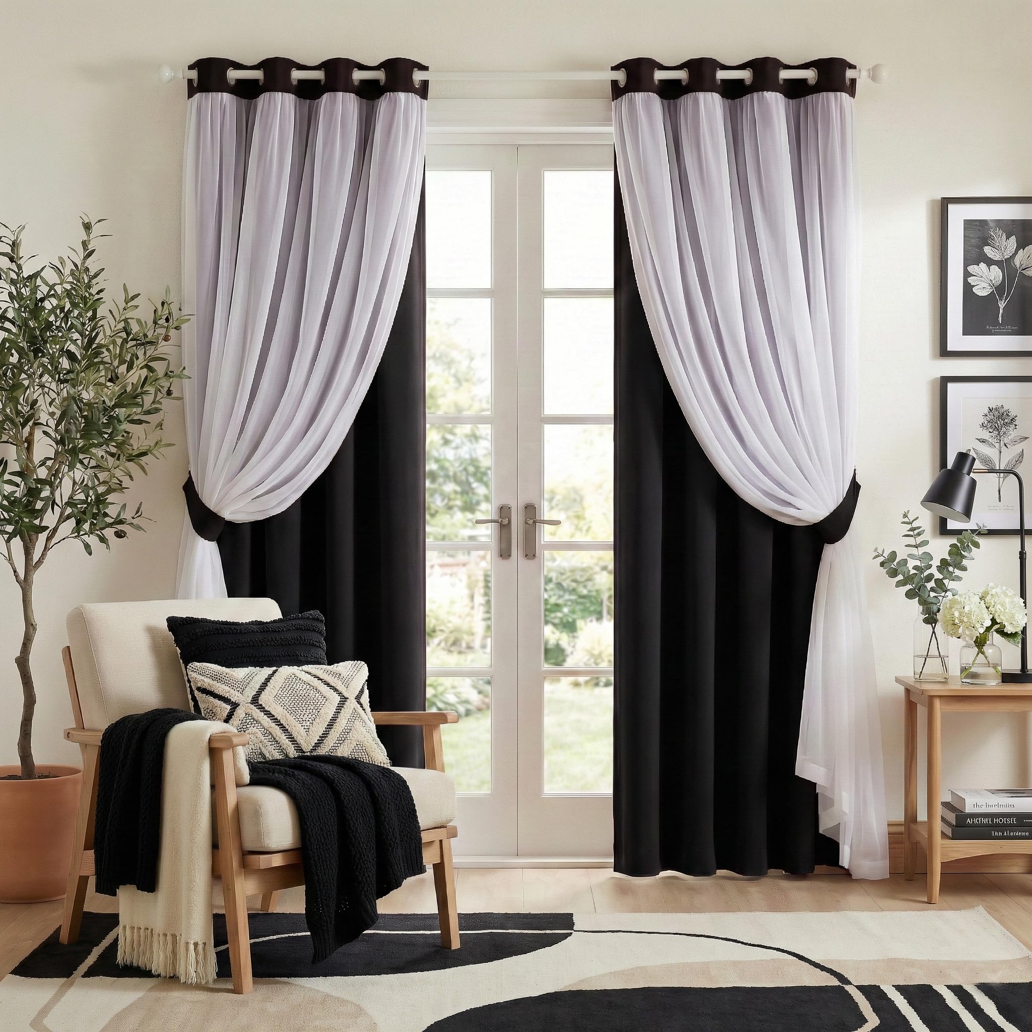 PONY DANCE 2 Layers Curtains Set - Room Darkening Mix & Match Room Darkening Curtains with White Sheer Voile, 52" Wide and 72" Long,Black, 2 Panels