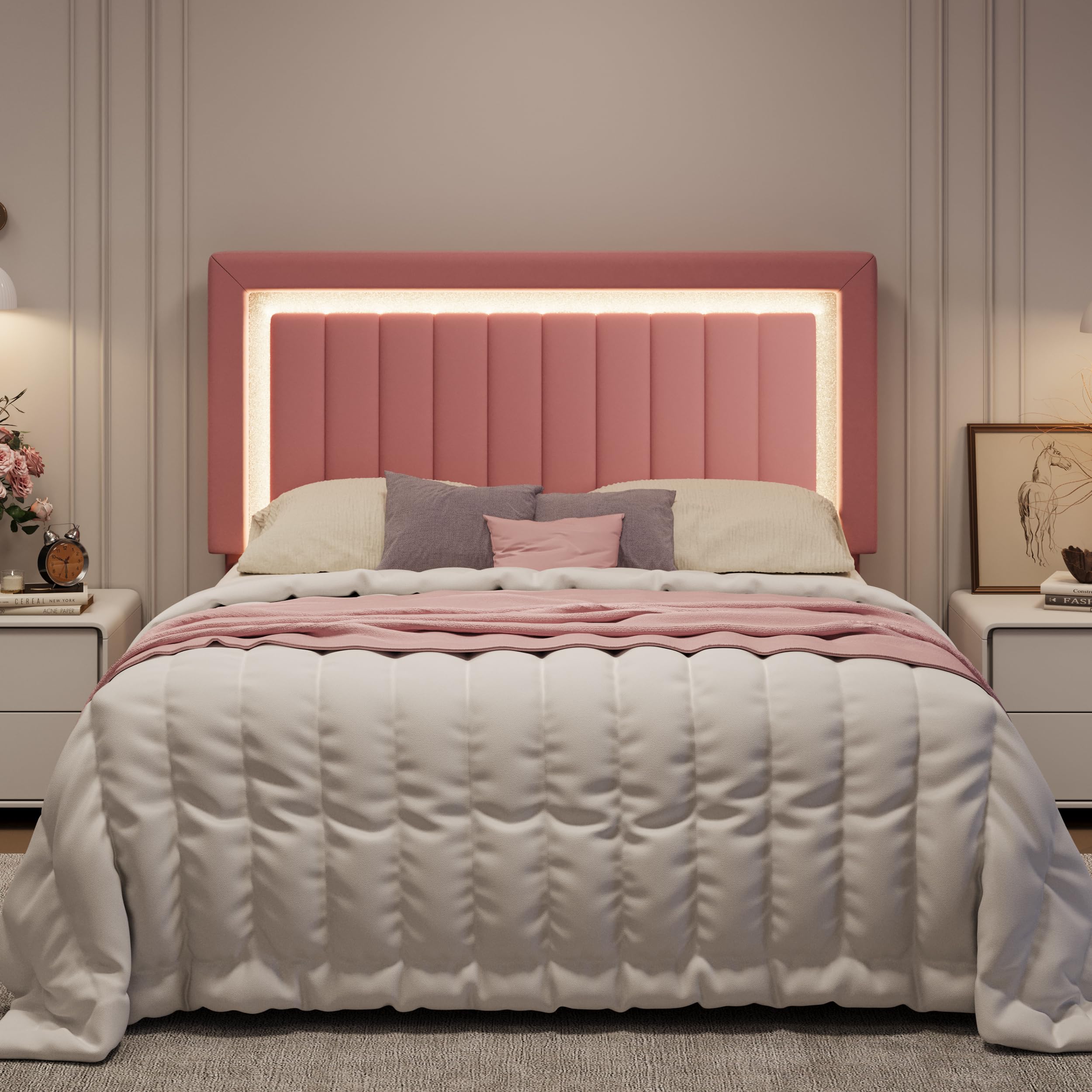 SHA CERLIN Full Size Velvet Bed Frame with LED Light, Adjustable Vertical Channel Tufted Headboard, Strong Wooden Slats Support, Noise-Free, No Box