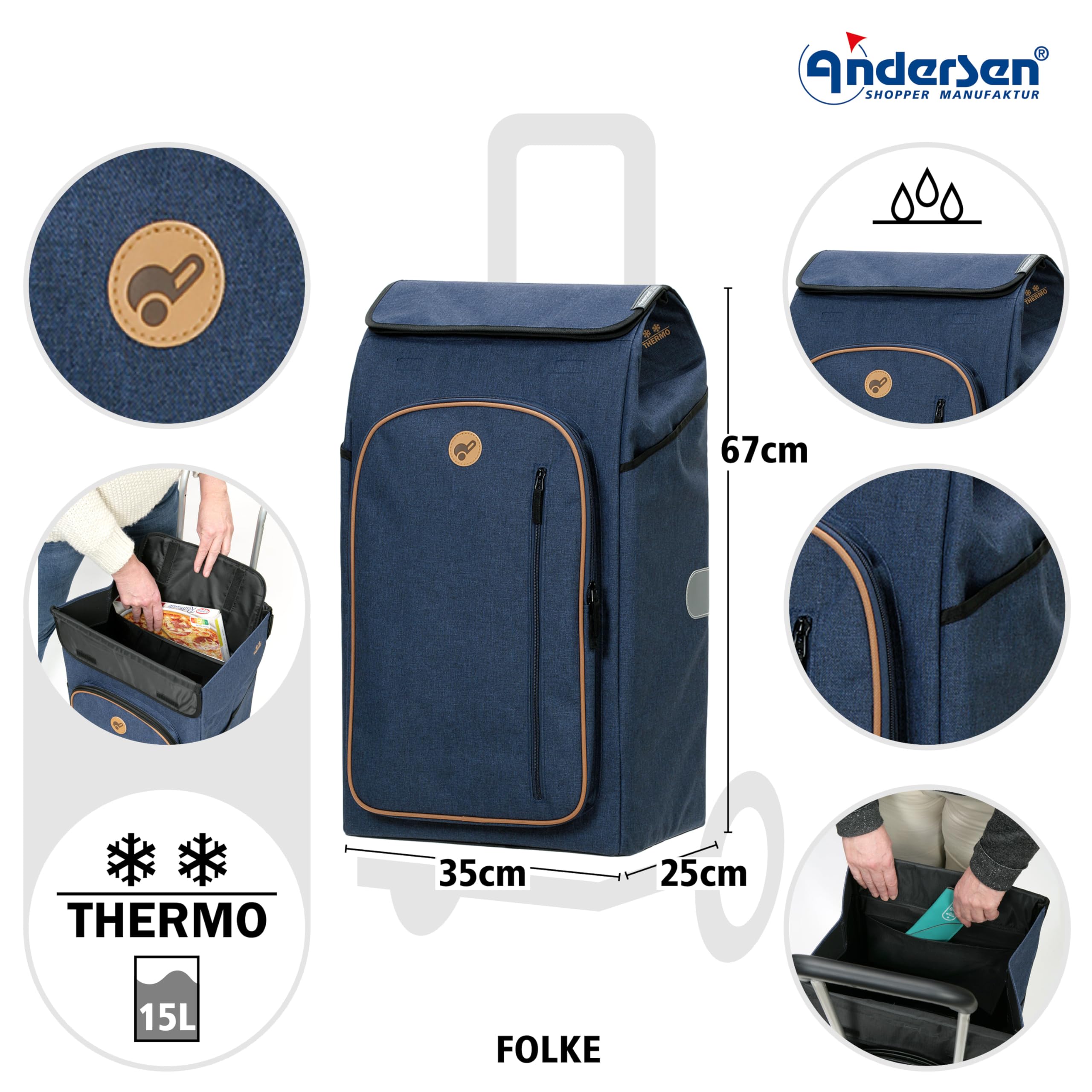 Andersen Einkaufstrolley - klappbar - 61 Liter - mit Kühlfach - belastbar 60 kg - Stahlgestell - Trolley - Metallspeichen-Rad Ø 25 cm - Royal Shopper Folke blau