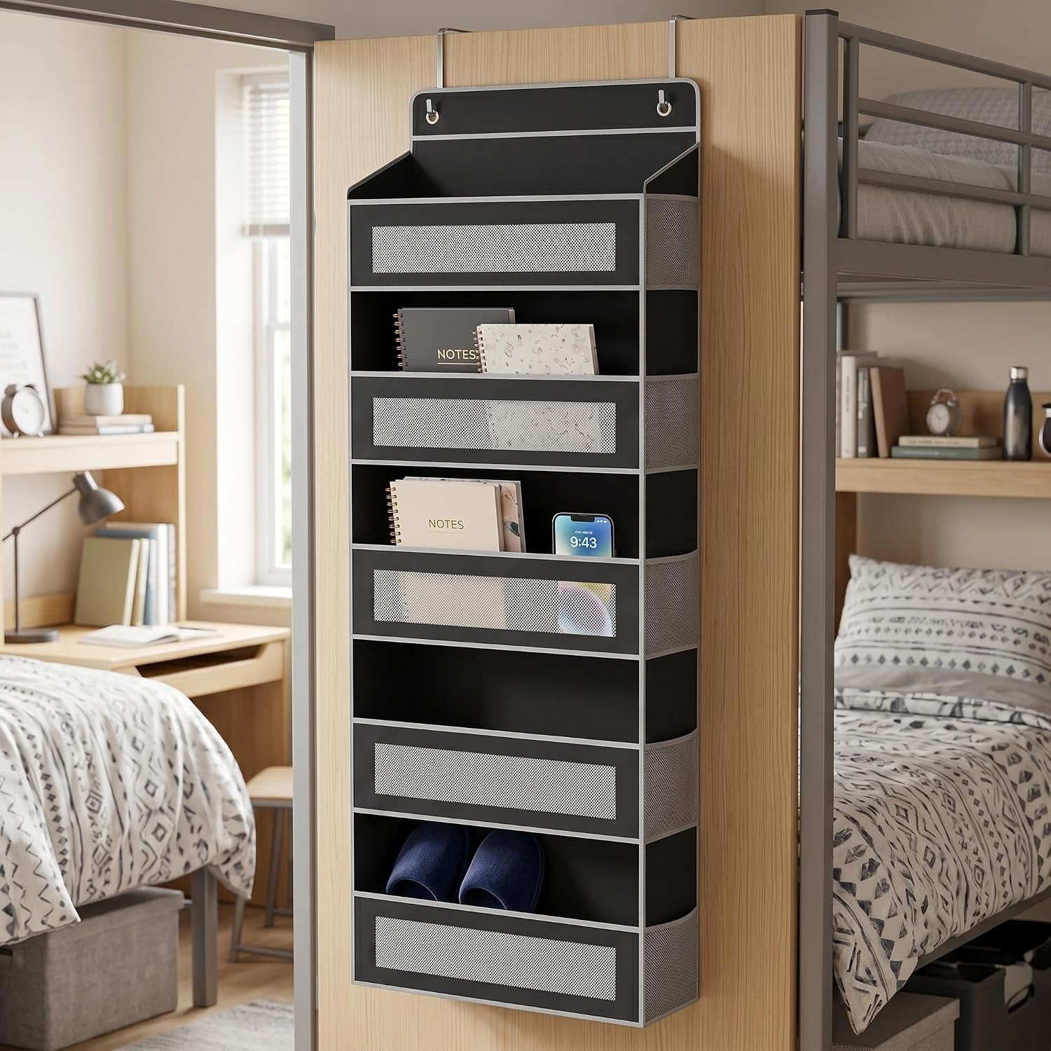 5 tier over the door organizer，behind door organizer，no drill door hanging storage for Bedroom Dorm Wardrobe Home Travel (Modern Minimalist Black)