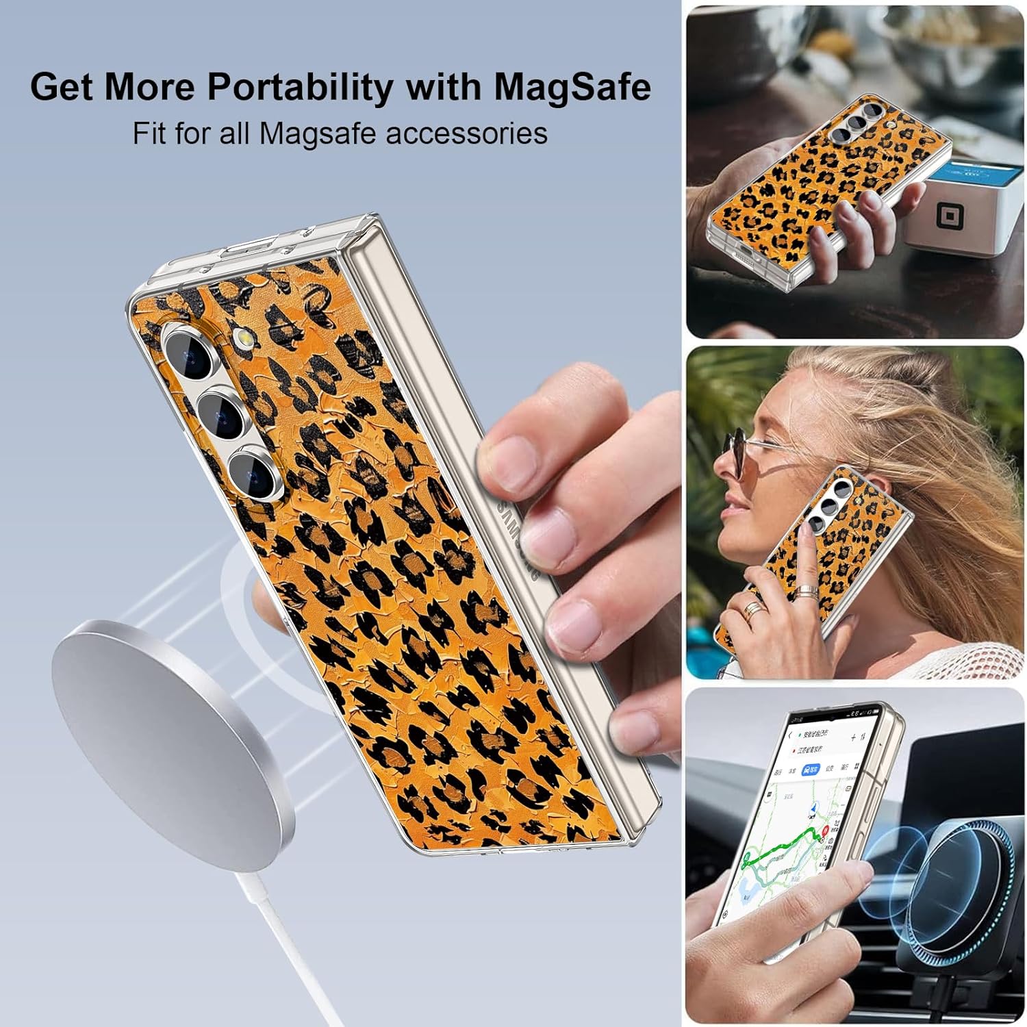 Magnetic Clear Case for Galaxy Z Fold 6 Case,Colorful Retro Oil Painting Printed Flower Cover,Hard PC & Soft TPU Slim Anti-Scratch Galaxy Z Fold 6 Case for Women Men,Leopard Print(11-19)