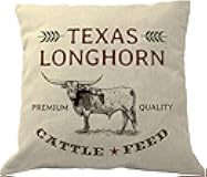 DrupsCo 18x18 Texas Longhorn Throw Pillow Cover - Cotton Linen Texas Decor Pillow Case, Rustic Themed Home Decor