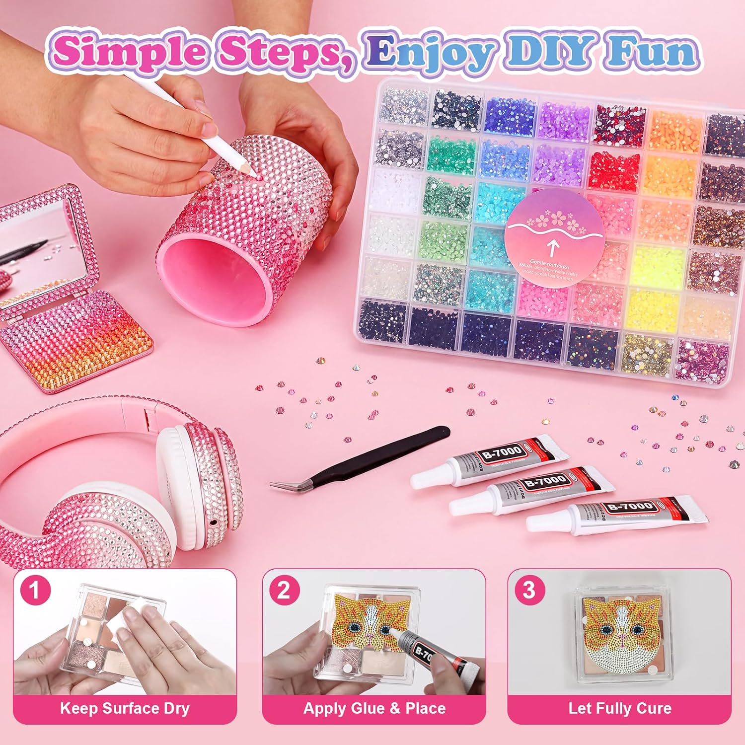 64000Pcs 42Colors Resin Jelly Rhinestones for Bedazzling Kit, 3mm Multicolor Flatback Gems for Diamond Art, Bedazzler Kit with 3Pcs 10ml B7000 Jewelry Glue for Nail Art Clothes DIY Crafts Gifts Makeup