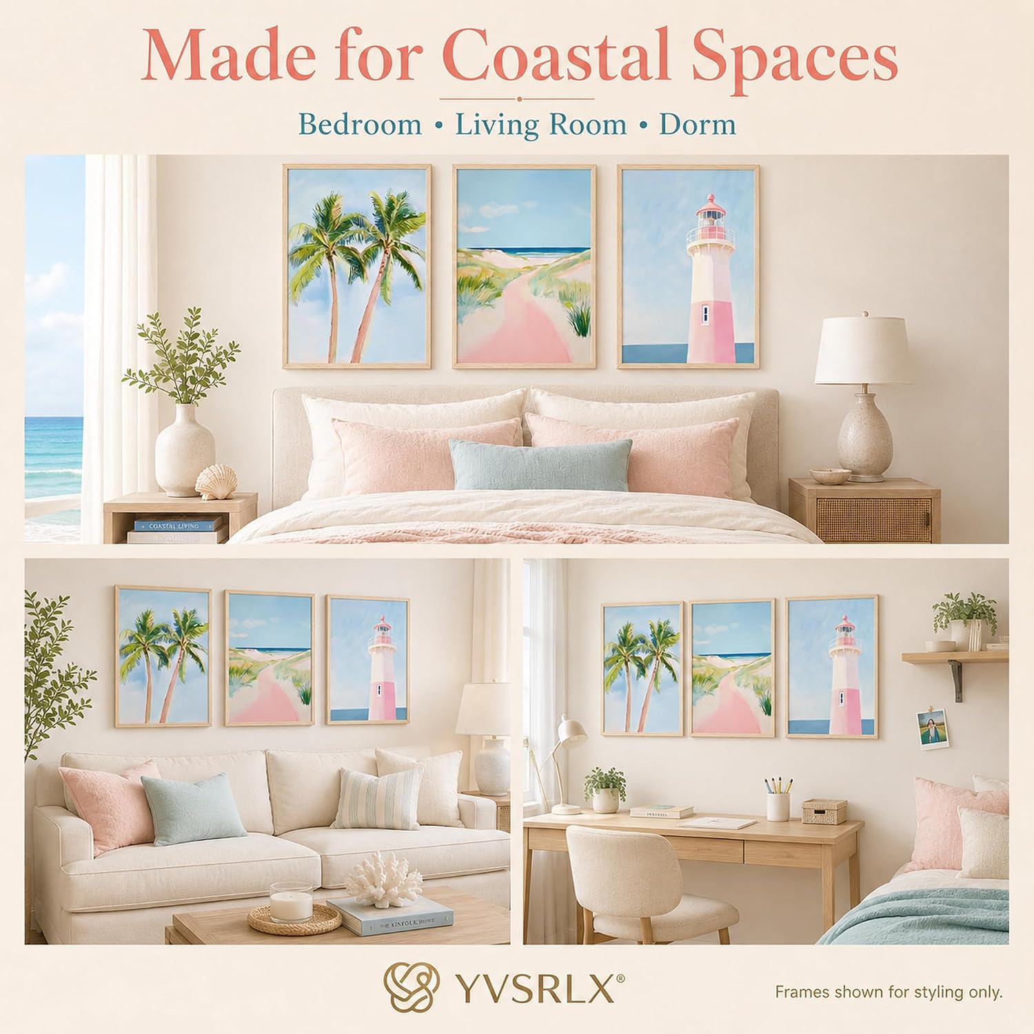 YVSRLX Set of 3 Pink Coastal Beach Wall Art Prints, 12x16 Inch Unframed Preppy Coastal Granddaughter Posters, Palm Tree Lighthouse Pictures for Teen Girls Bedroom Bathroom Dorm Decor