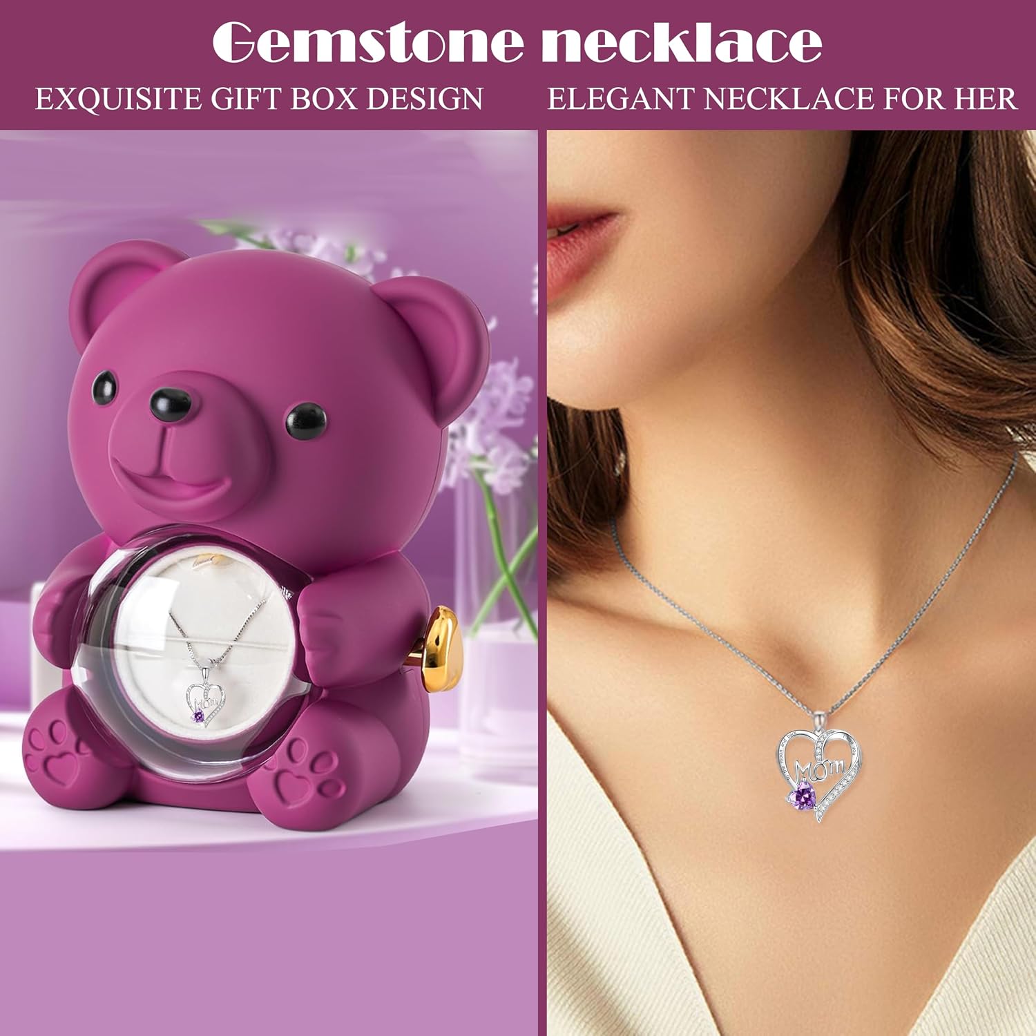 Cute Teddy Bear with Preserved Rose Gifts for Mom,Romantic Rose Flower Bear Teddy, Eternal Flowers with Mom Necklace Gifts for Mothers from Daughter and Son (Purple)