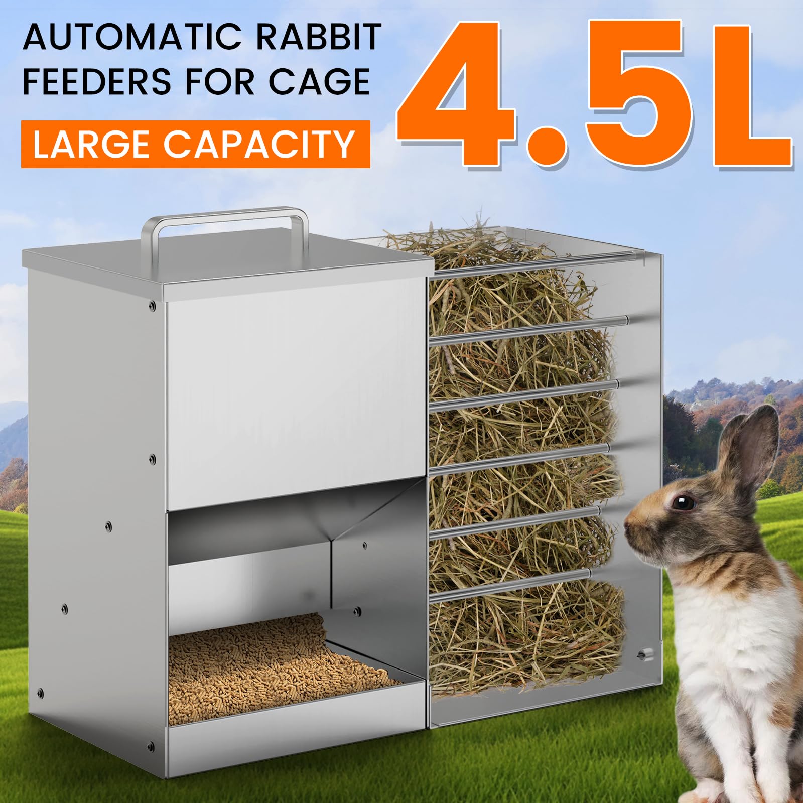 Mangiatoia automatica per conigli per gabbia Mangiatoia per fieno per conigli 4,5 L Mangiatoia per coniglietti in acciaio inossidabile Dispenser di cibo per conigli per porcellini d'India Scoiattoli
