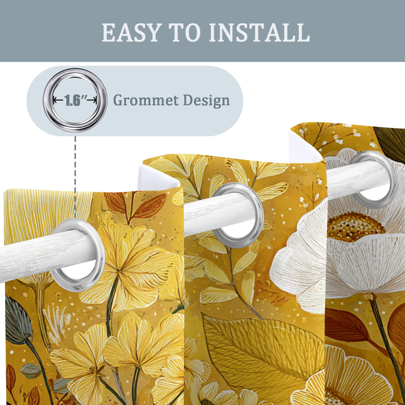 Blumenmuster Vorhänge Mit ösen Blickdicht, Gold Gelb Blumen Vorhang Schlafzimmer Wohnzimmer Küche 140 x 260 cm Lang, Übergardinen Innen Verdunklungsvorhänge