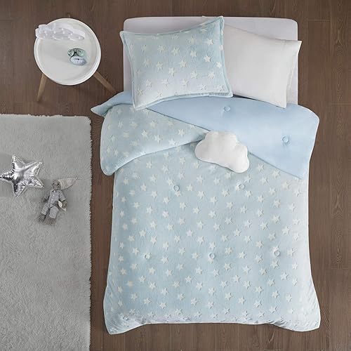 Miniatura 12 de Mi Zone Kids Juego de ropa de cama que brilla en la oscuridad, edredón de felpa suave, nube, estrellas, diseño moderno para todas las estaciones con